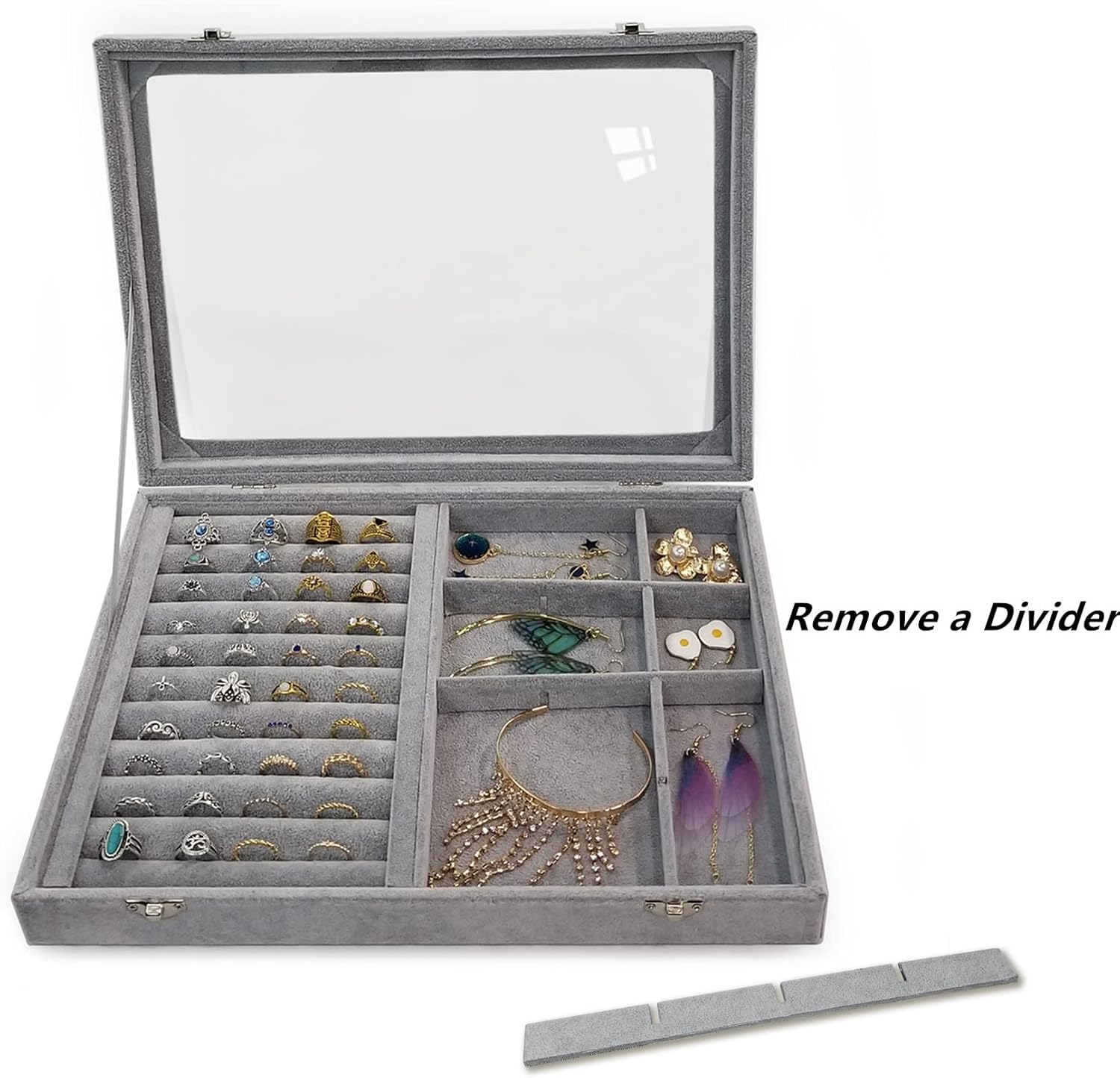 Ice Velvet Rings Organizer Box Mix 12 Grids Jewelry Tray Display Showcase with Clear Lid and Lock Grey