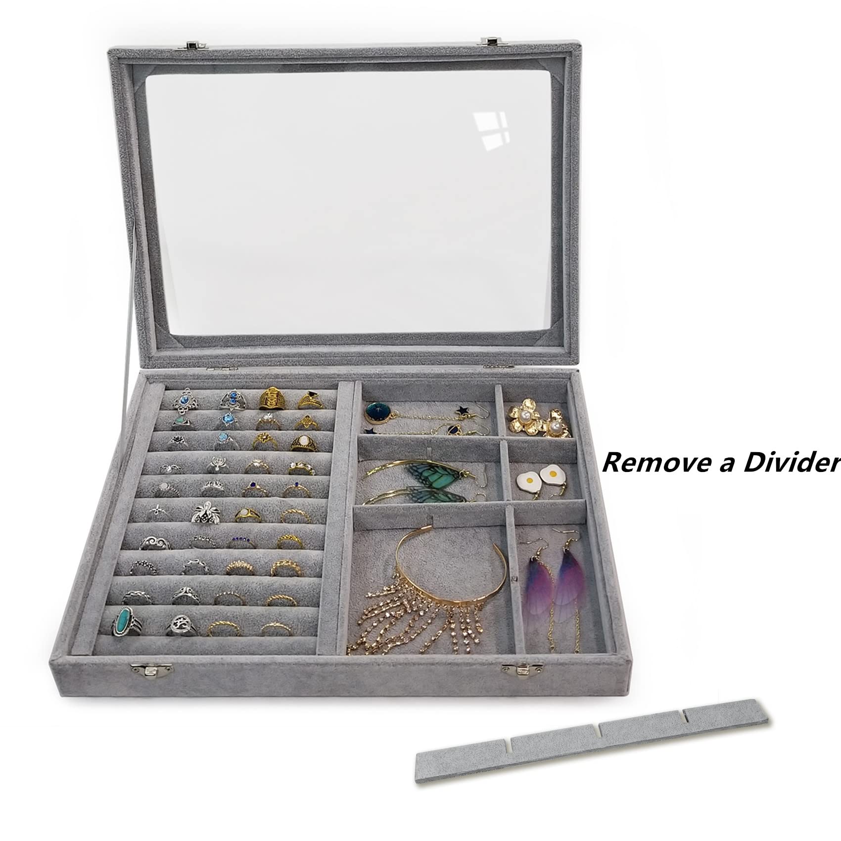 Caja organizadora de anillos de terciopelo de hielo, 12 rejillas, bandeja de joyería con tapa transparente y cerradura gris