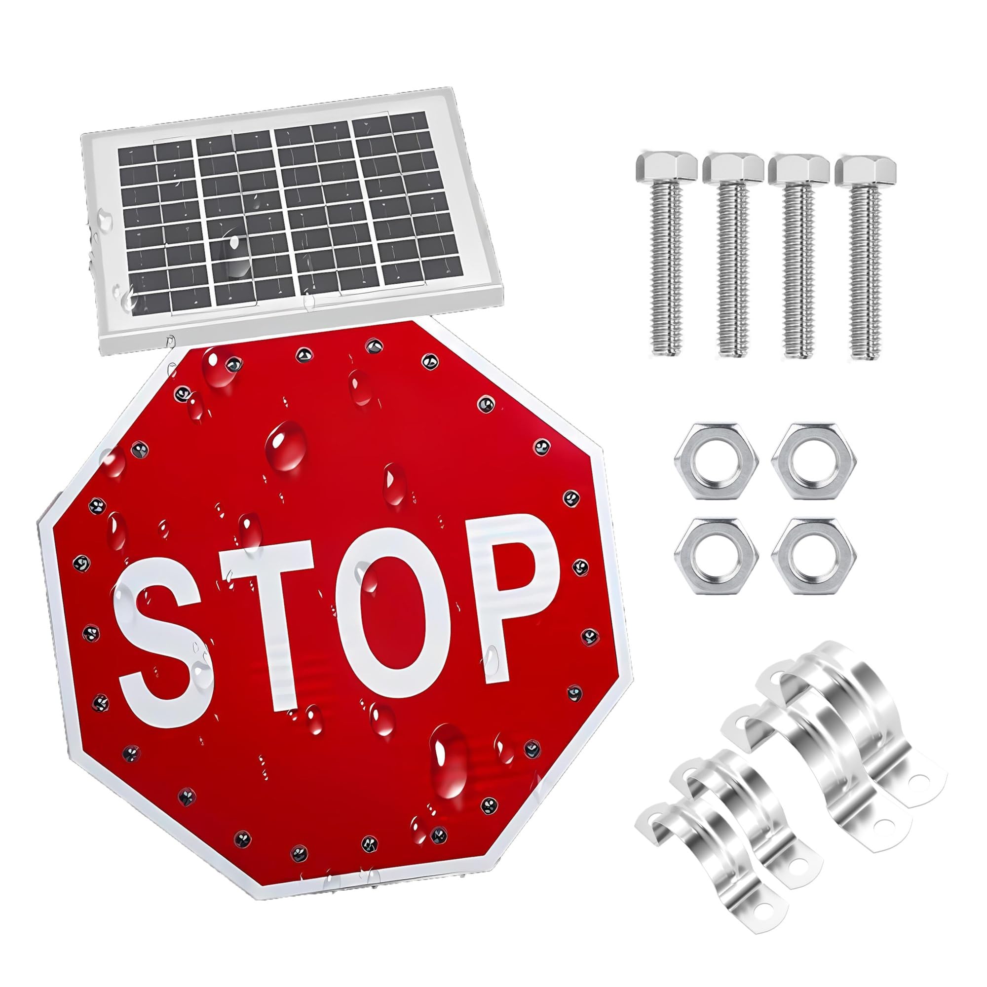 24" 30" Solar Led Stop Sign Octagon Flashing Road Warning Signs, Heavy Duty Rustproof Aluminum Metal Traffic Sign, 24 LEDs High Brightness Solar Powered Blinking.(30in)