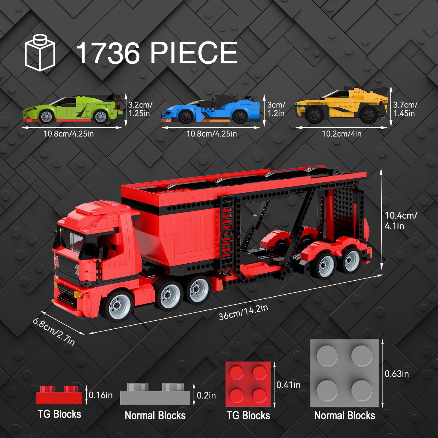 TG BLOCKS Micro Brick Car Transporter with 3 Sports Cars Building Set - Kids Truck Toy with Carrier & Trailer, Gift Idea for Teens 8+ Boys & Girls