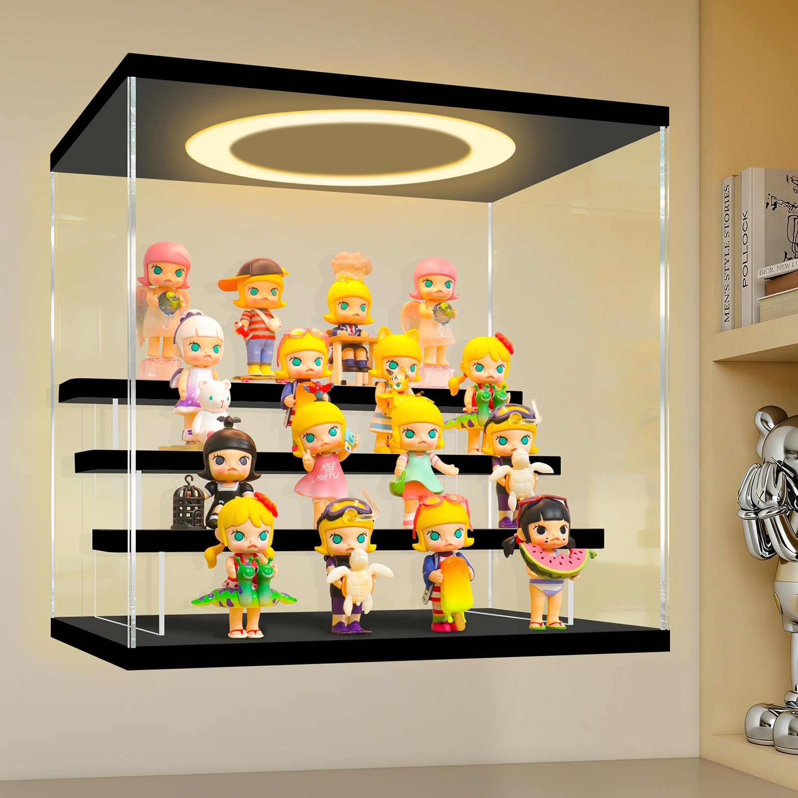 LANSCOERY Acrylic Display Case, Wall Mounted Lighted, 4 Tier, Black