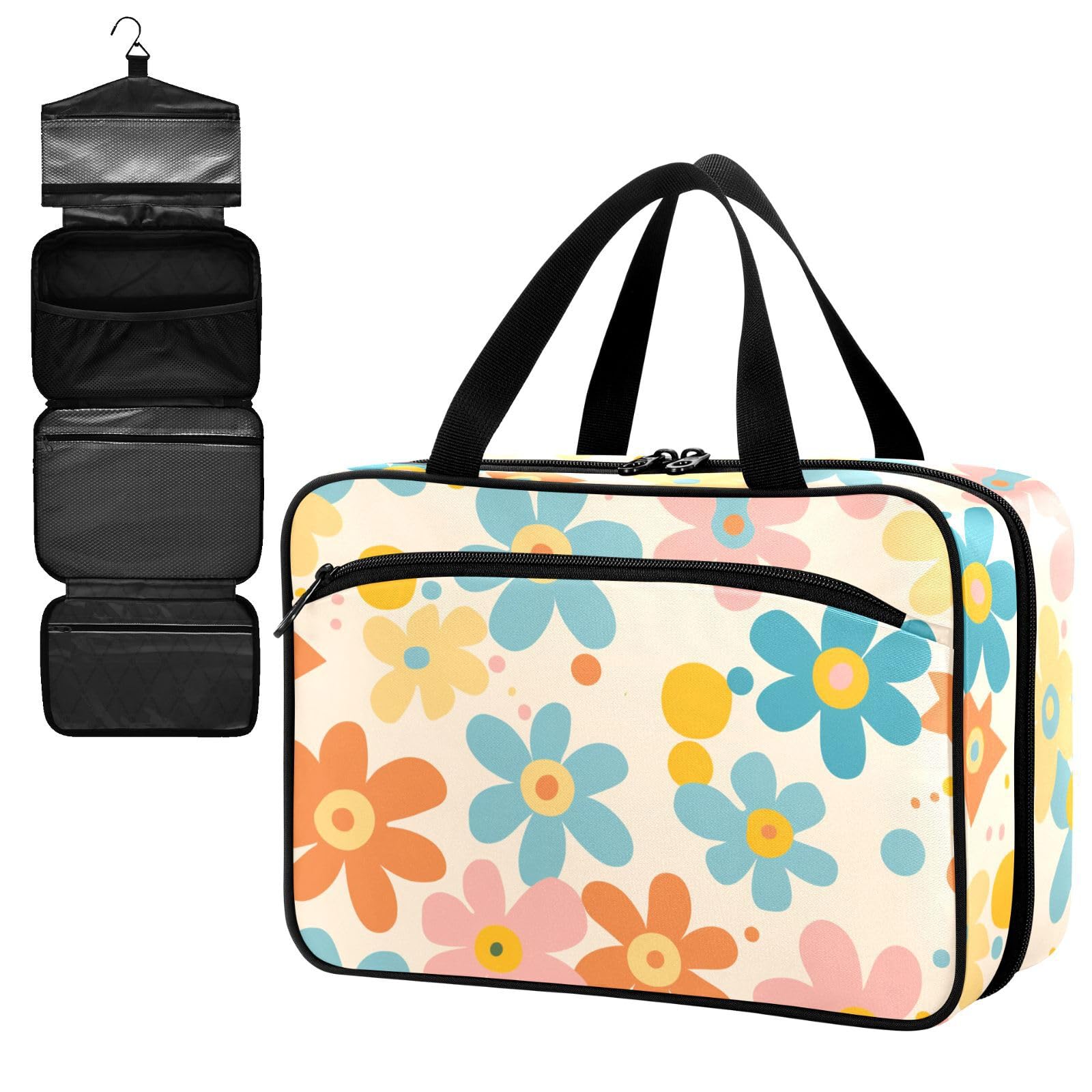 Fustylead Retro Hippie Groovy Pastel Colors Daisy Flowers Large Medical Supplies Organizer Bag with Zipper Empty First Aid Bag Trauma Kit for Traveling Hiking Camping