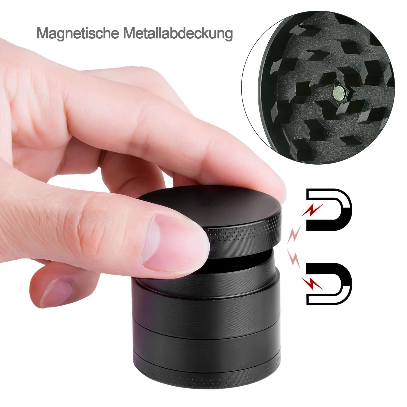 Molinillo de Polen y Especias de Aleación de Zinc - Juego de 4 Piezas Con Raspador de Polen Para Hierbas y Café - Color Negro