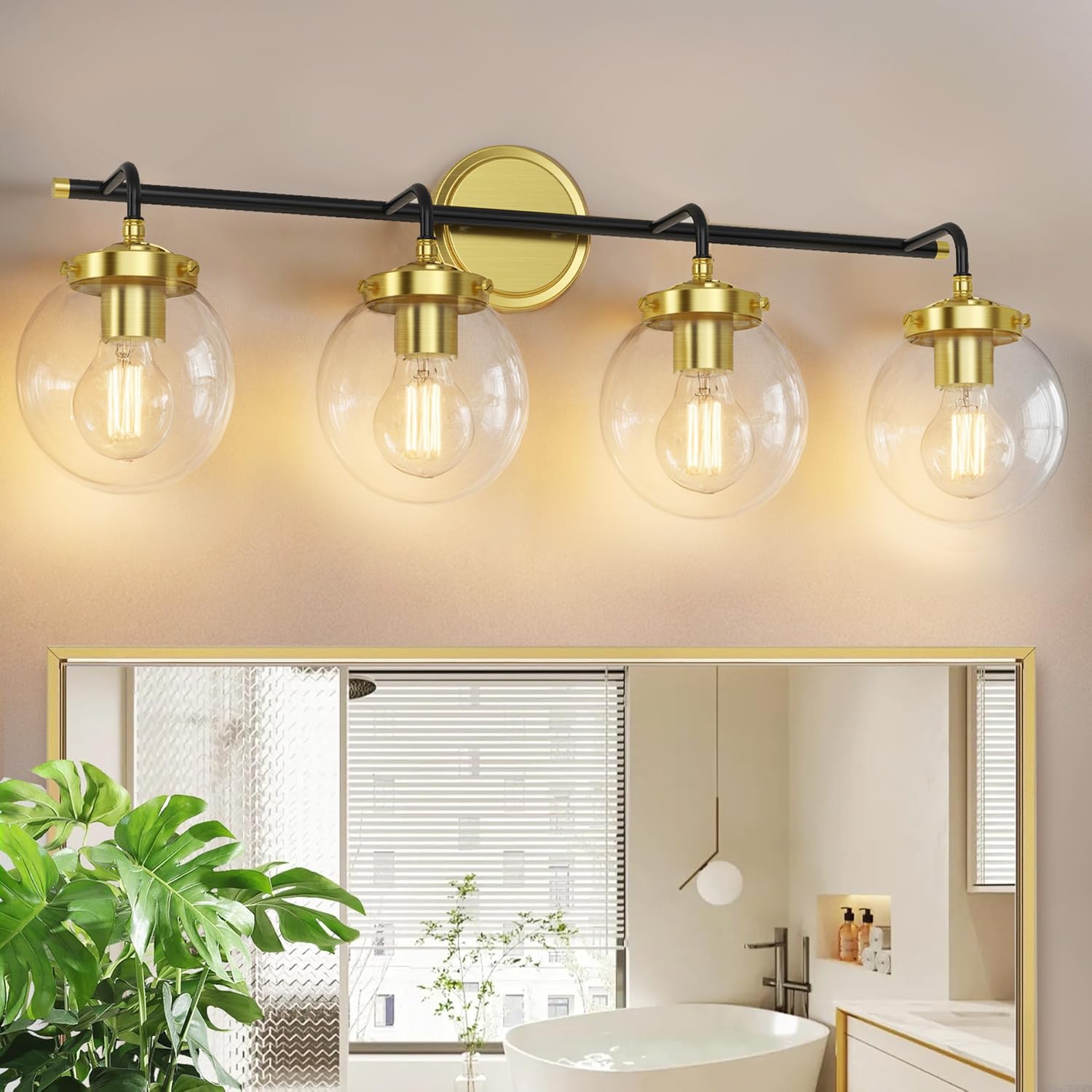 IZORRO Black and Gold Bathroom Vanity Lights, (4-Light, 30-inch) Modern Vanity Light Fixtures, Bathroom Lighting Fixtures Over Mirror, with Clear Glass Globe Shade (Exclude Bulb and dimming Switch)