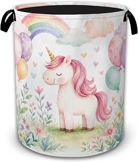 Pastel Unicorn Rainbow Large Laundry Hamper, Collapsible Oxford Clothes Basket with Handles, Freestanding Dirty Clothes Organizer for Bedroom Bathroom Dorm Laundry Room, 16 x 20.8 Inch