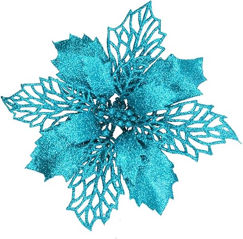 Miniatura 8 de 24 piezas de flores de Pascua artificiales de hojas de acebo de malla dorada con purpurina de Navidad, adornos de árbol de 5.9 pulgadas de ancho