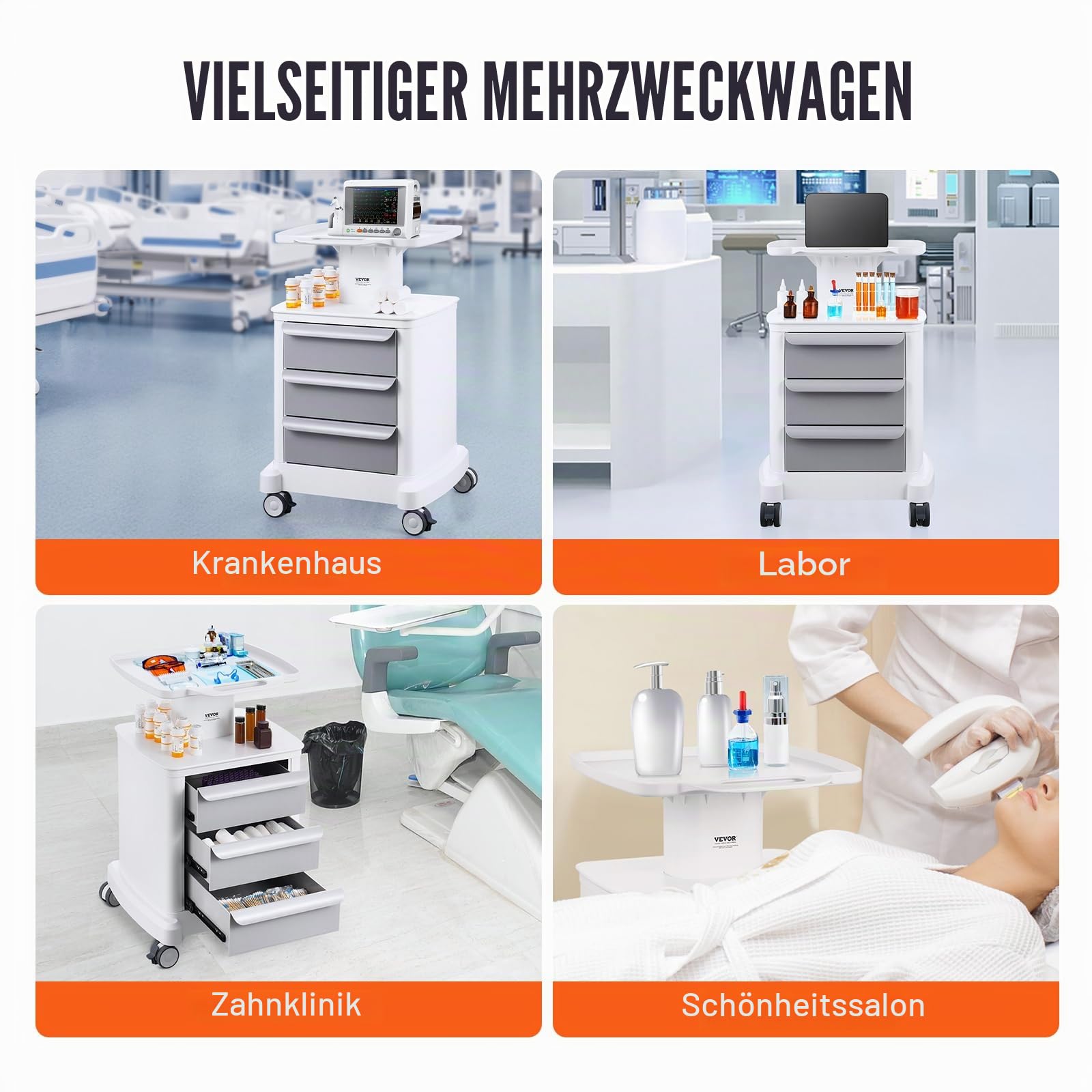 VEVOR Laborwagen Medizinwagen mit 3 Schubladen und 1 oberer Ablage, Rollbarer Laborwagen ABS-Material, 50 kg belastbarer Servierwagen Medizinischer Wagen für Labor, Klinik, Krankenhaus, Salon, weiß