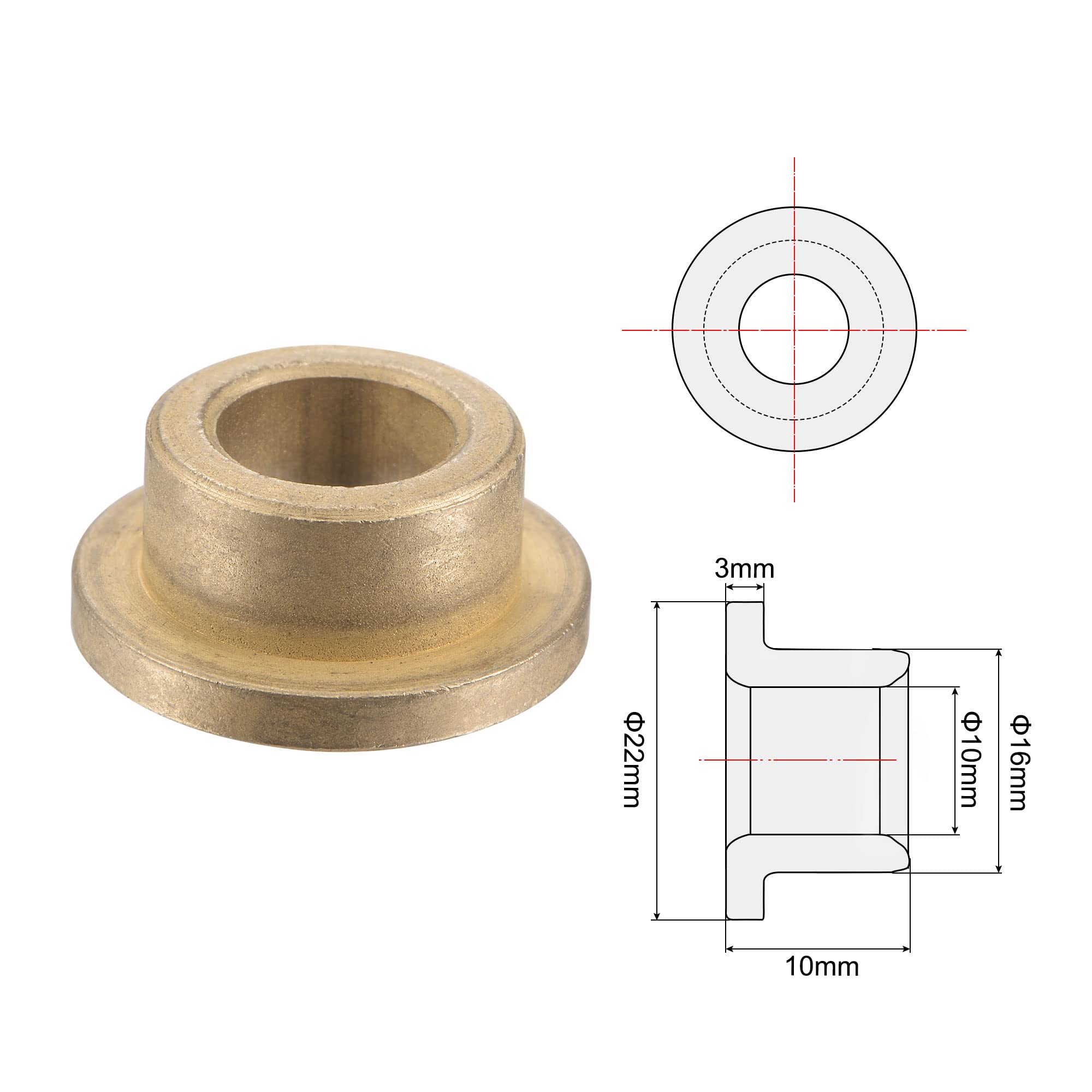 Boccole In Bronzo Autolubrificanti 2pz - Foro 10mm, OD 16mm, Flangia 22mm - Per Cuscinetti E Riduzione Usura - Foto 4