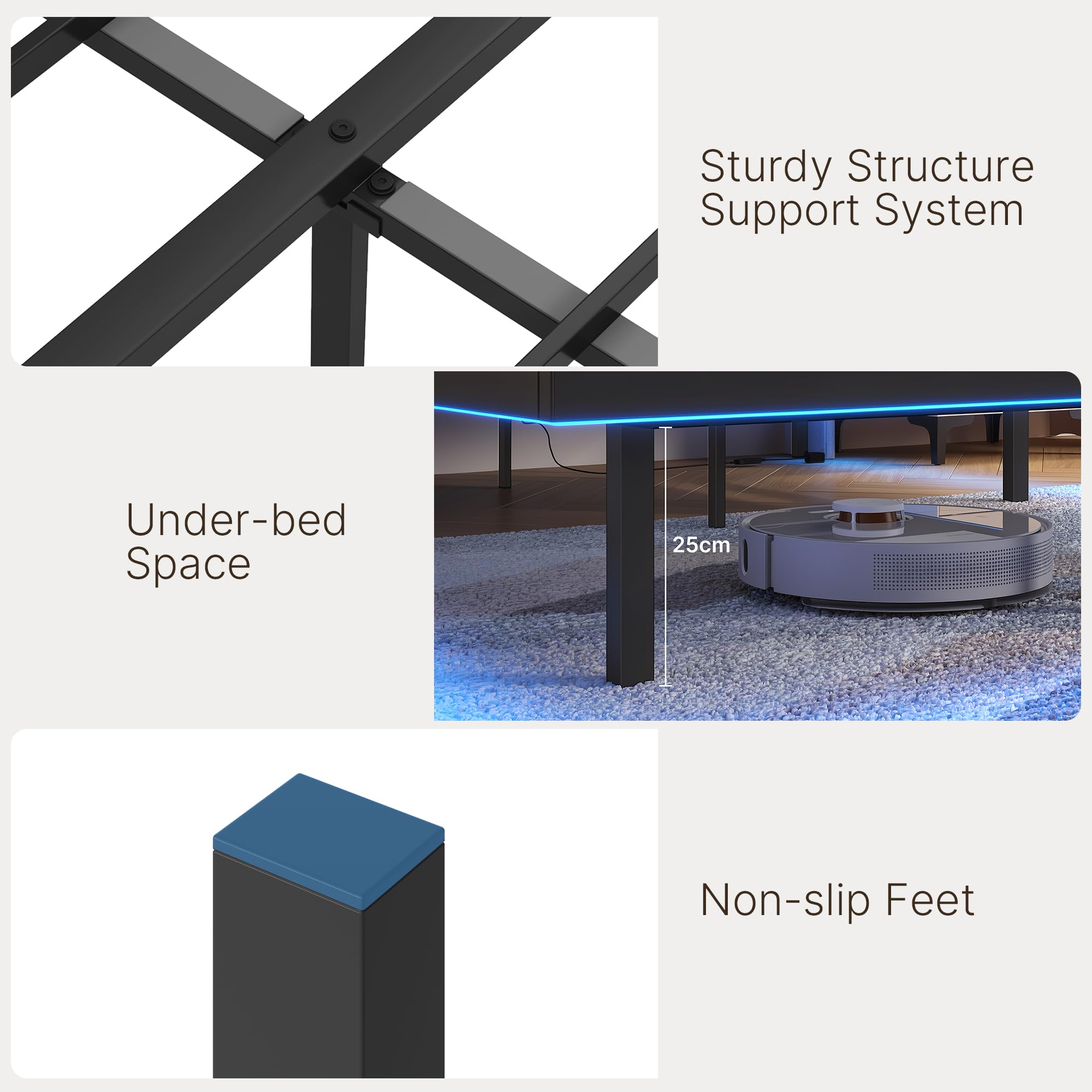 Xbro Łóżko 160x200 cm z pływającym, tapicerowane łóżko z oświetleniem LED i stacją ładującą (USB/wtyczka), wyściełany zagłówek z miejscem do przechowywania, Somier, ciemnoszary