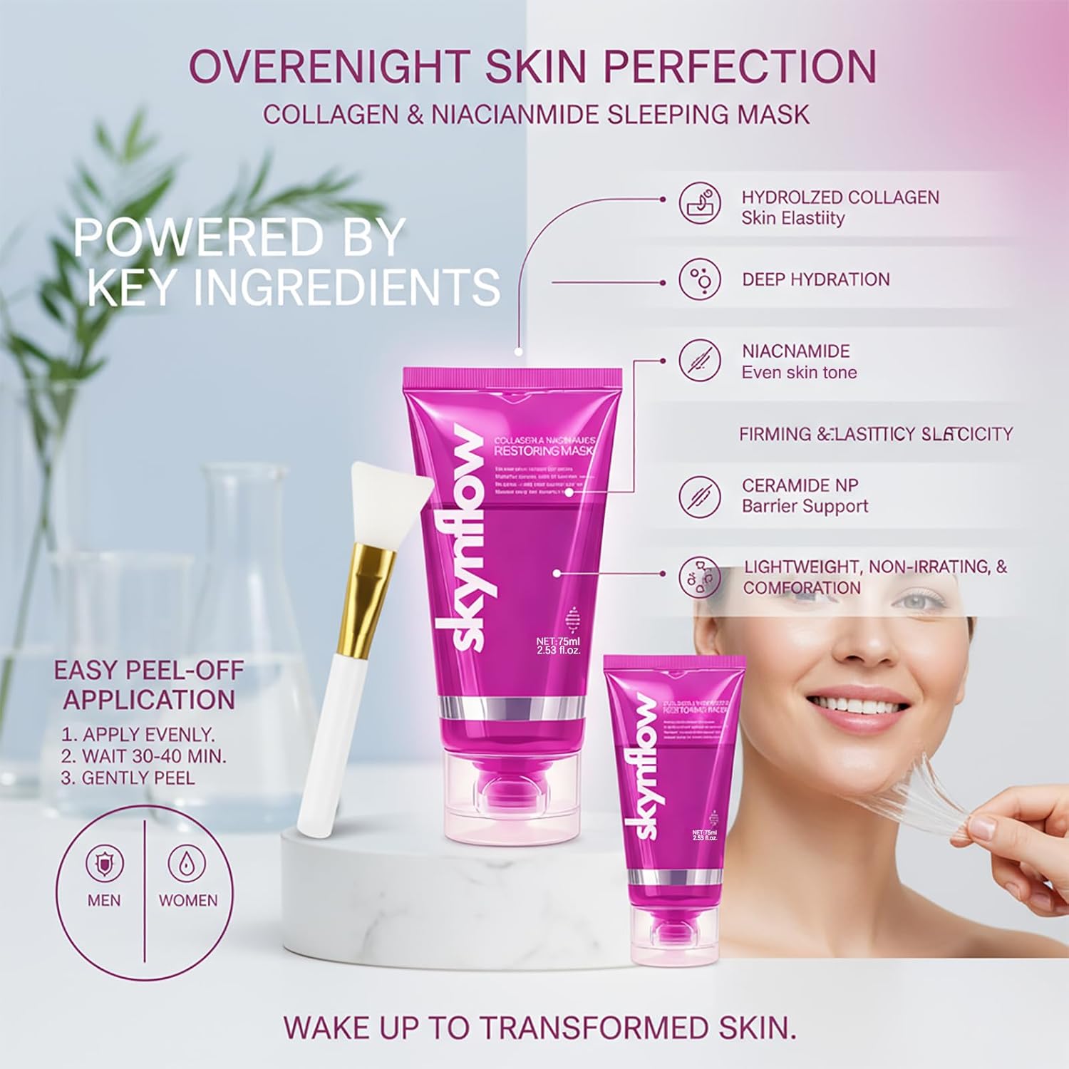 Collagen Night Wrapping Mask + Plumping Serum, Niacinamide Peel Off Facial Mask Pack for Hydration & Elasticity, Supports Firmness & Revives Tired Skin Hydrolyzed Collagen for All Skin
