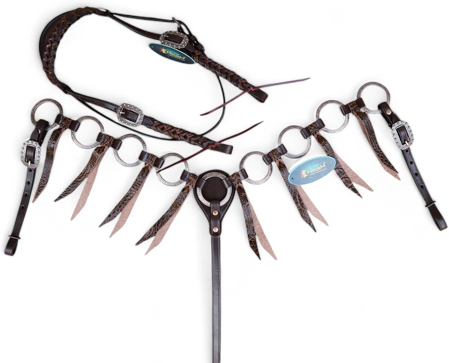 Ring Headstall & Breast Collar Tack Set - Brown Leather with Engraved Antique Nickel Rings, Metallic Leopard Fringe, Braided Browband & Cheekpiece