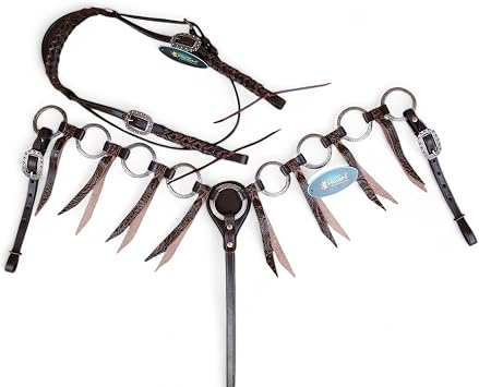 Ring Headstall & Breast Collar Tack Set - Brown Leather with Engraved Antique Nickel Rings, Metallic Leopard Fringe, Braided Browband & Cheekpiece