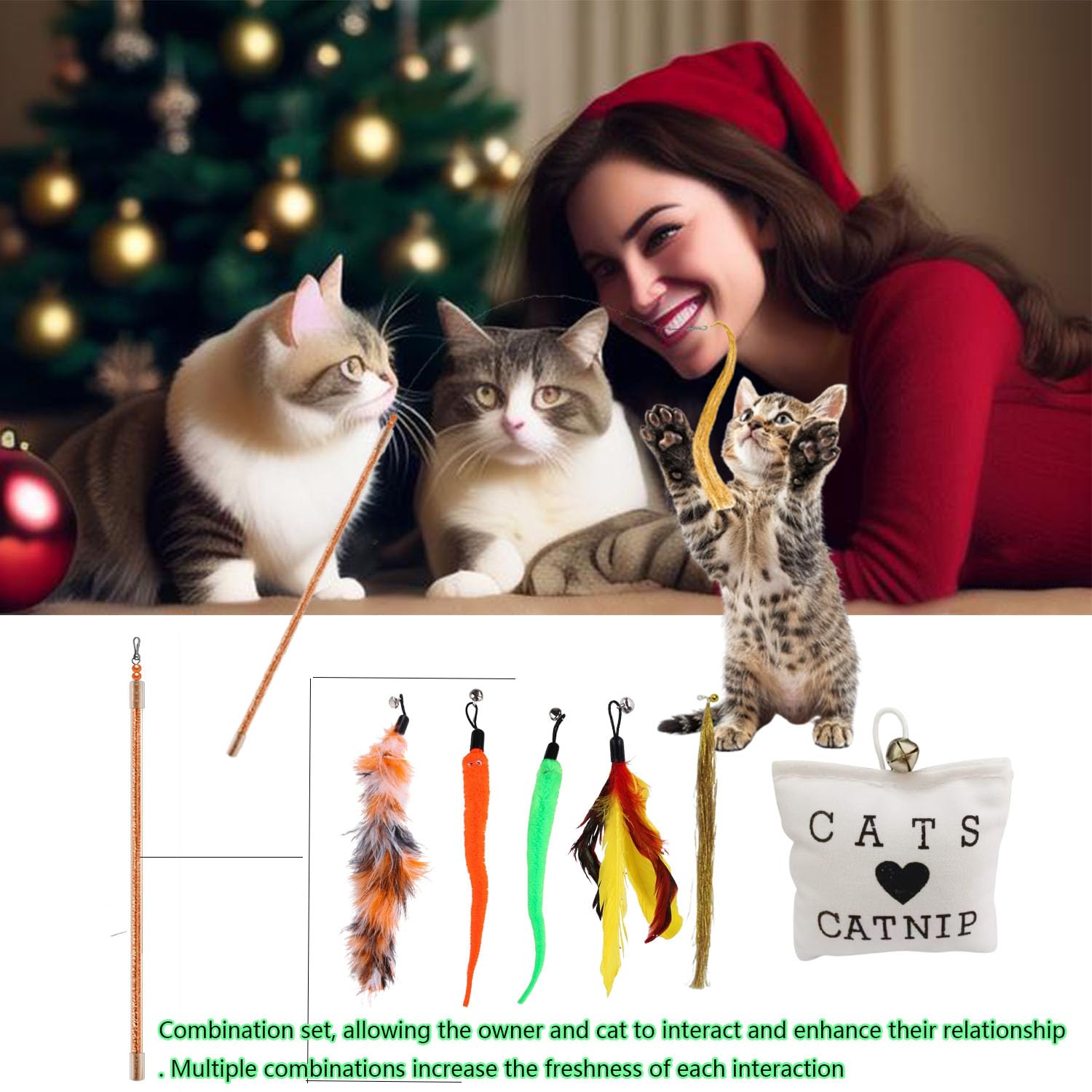 Calendario de Adviento para gatos 2024, juego de juguetes interactivos para gatos de interior con juguetes de hierba gatera, varita de plumas y bolas de cascabel, Navidad para gatitos y