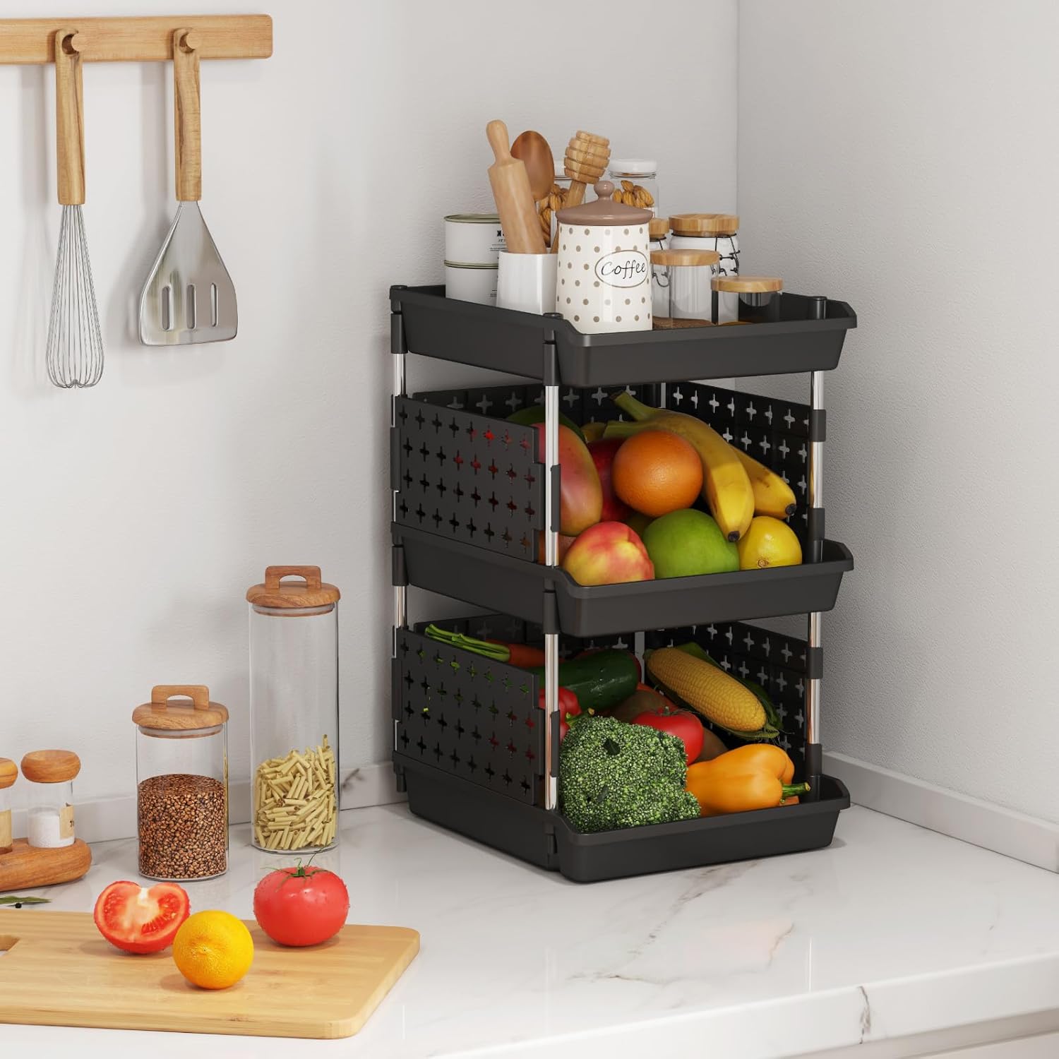 Lifewit Plastic Stackable Storage Baskets, 3 Tier Stacking Bins 13.8"D x 11.8"W x 21.3"H, Large Capacity Multi-Functional Containers Shelves for Pantry, Playroom, Kitchen and Bedroom, 2 Pack, Black