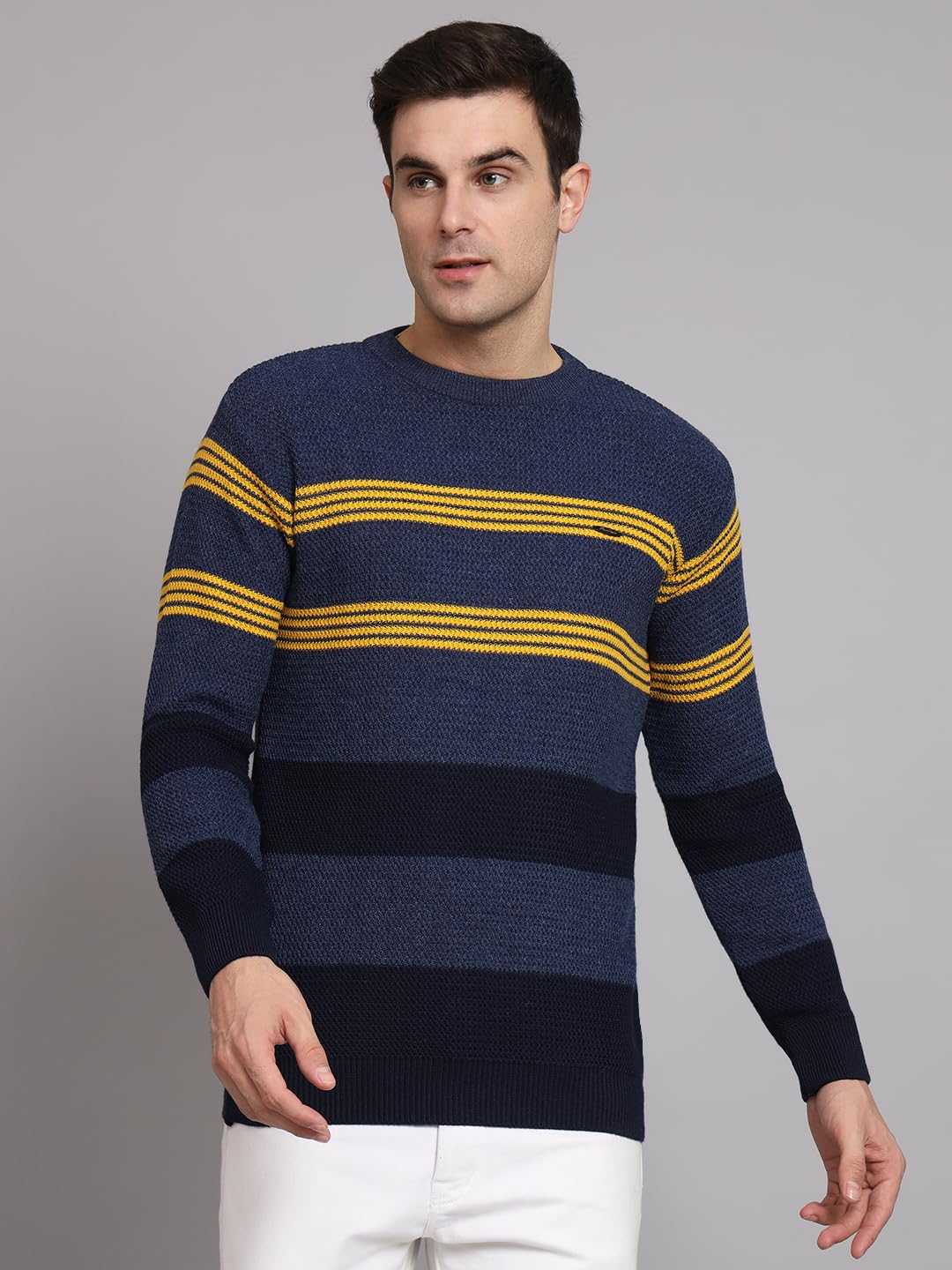 eWools Men's Winterwear Woolen Striped Round Neck Cardigans Sweaters (Blue, Large) - Image 3 thumbnail