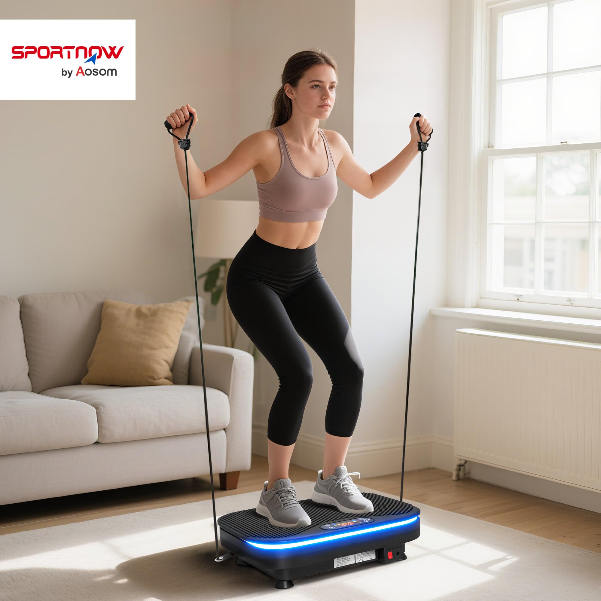 SPORTNOW Vibrationsplatte Rüttelplatte mit 99 Intensitätsstufen 3 Vorprogramm Lichtern Bluetooth Widerstandsbänder Kompakt Vibrationsgerät Vibrationstrainer für Muskelaufbau Ganzkörpertraining