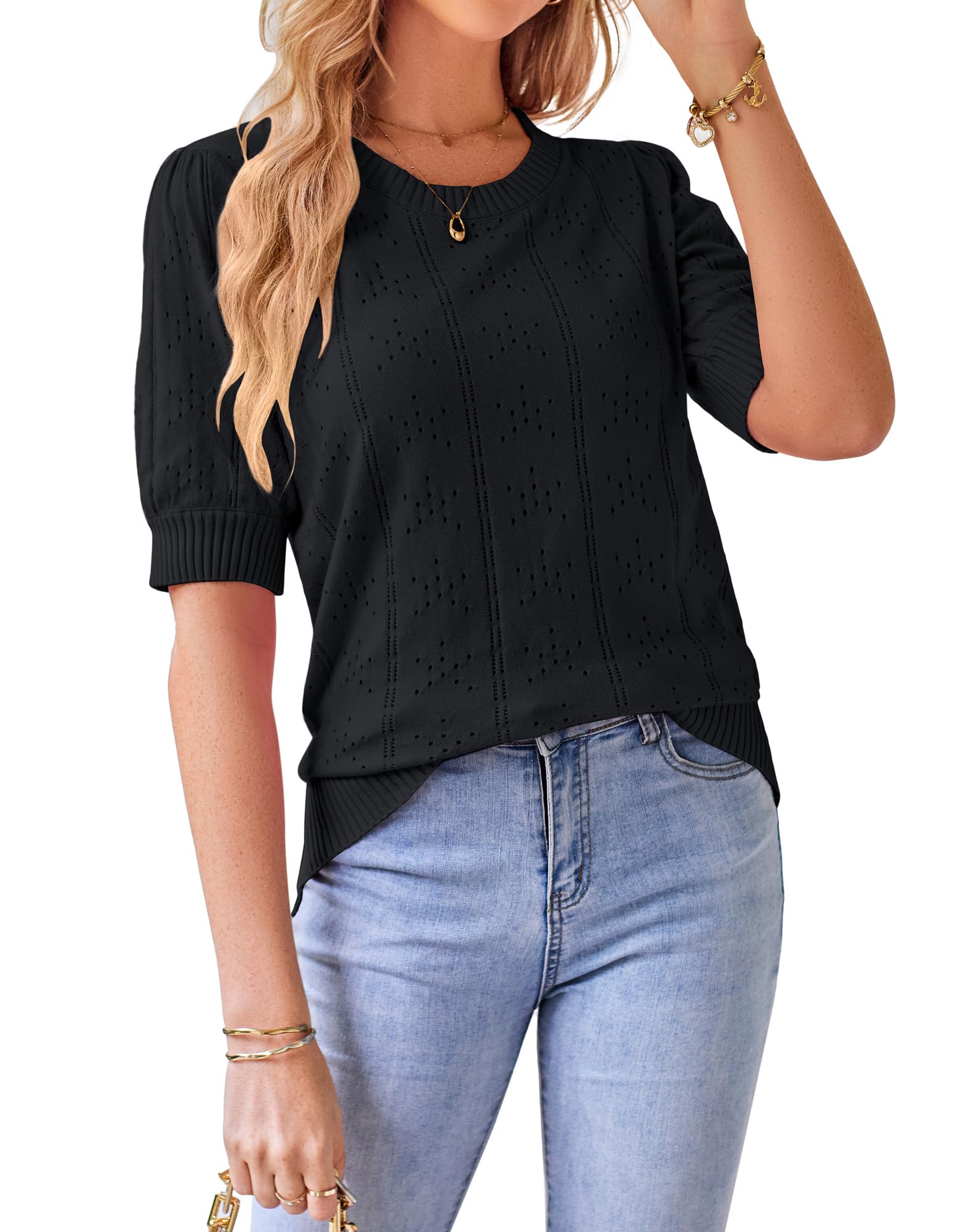 GRACE KARIN Summer Puff Short Sleeve Tops for Women 2026 Cute Crew Neck Crochet Blouse Dressy Casual Thin Hollow Out Pullover Sweater Dark Black S