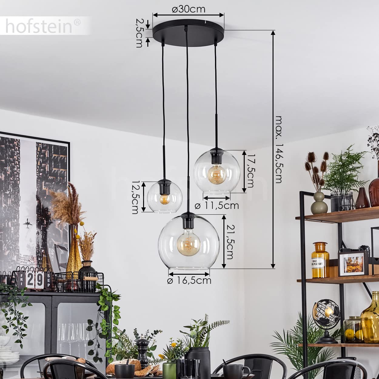 Lampada a sospensione Koyoto, lampada in metallo/vetro in nero/oro/chiaro, design retrò con paralumi in vetro (Ø15 cm; 20 cm; 25 cm), altezza massima 146,5 cm, 3 luci, 3 x E27, senza lampadina/e