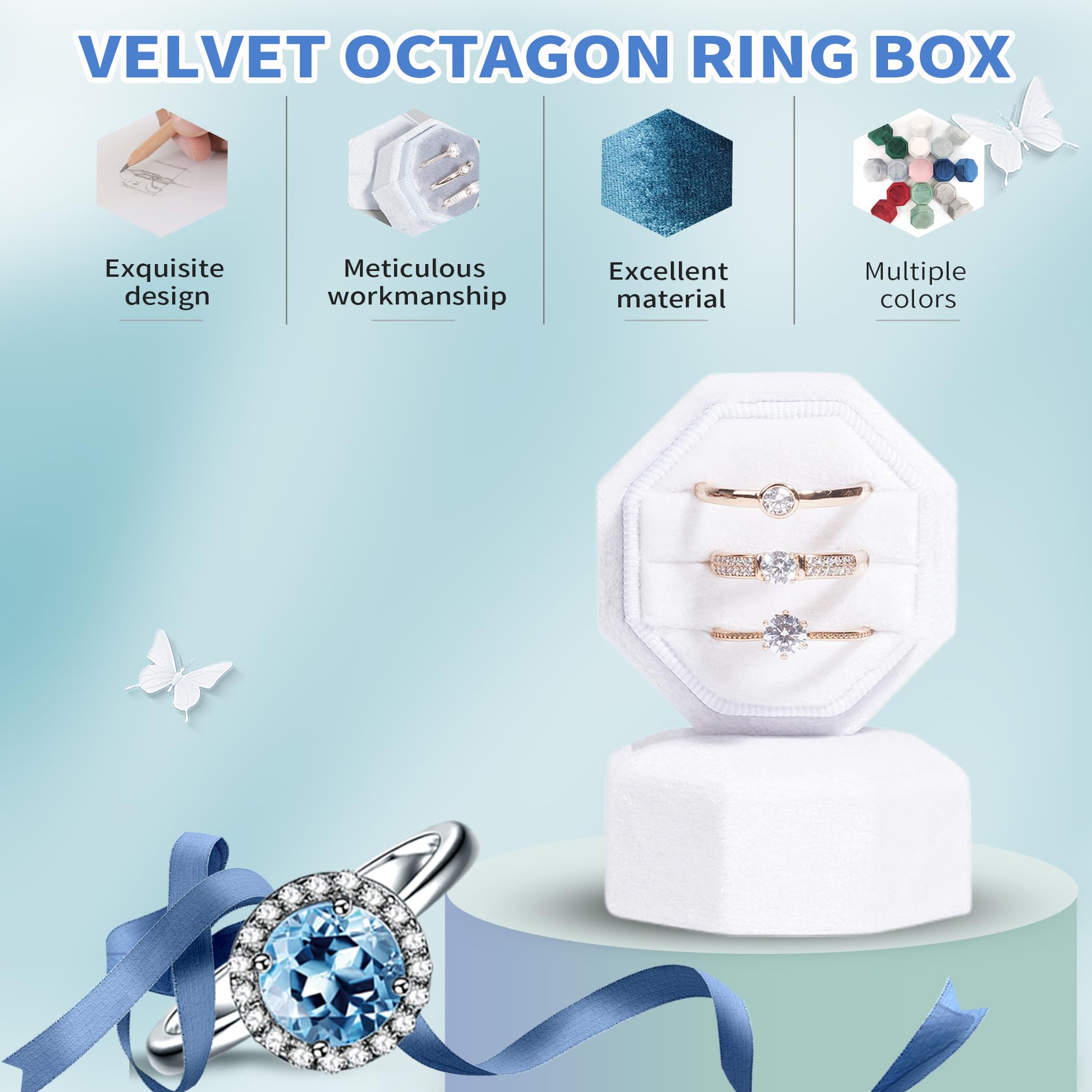 JJundiles Velvet Octagon Ring Box 3 Slots Ring Box Wedding Day for Ceremony Vintage Engagement Jewelry Ring Holder (Light Yellow, 3 Slots)