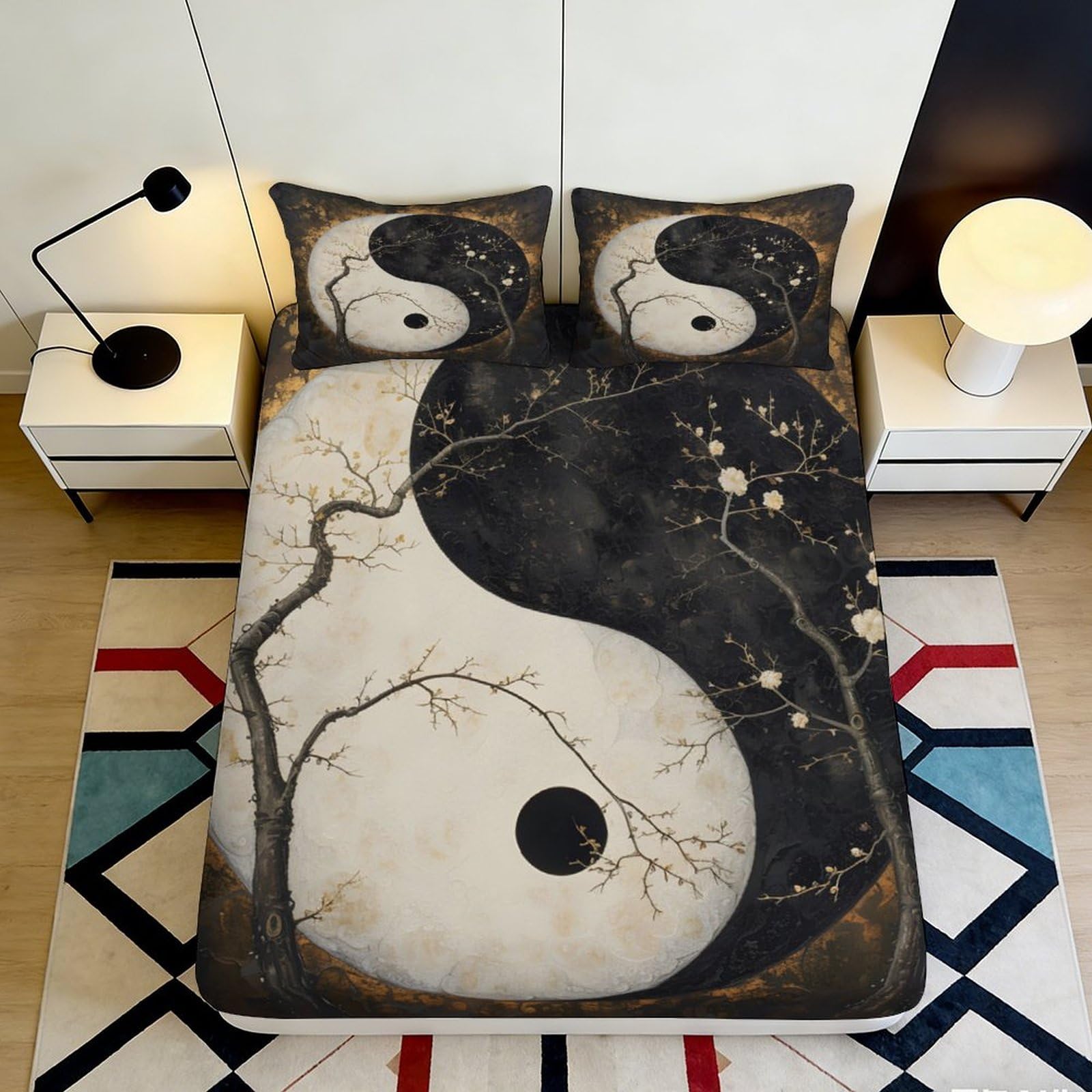 Jqzkxnhpbr Style-2 3D Printed Yin Yang Fitted Sheet Microfiber Soft Black White Abstract Bed Cover For Bedroom Dorm Decor 90X200x25cm