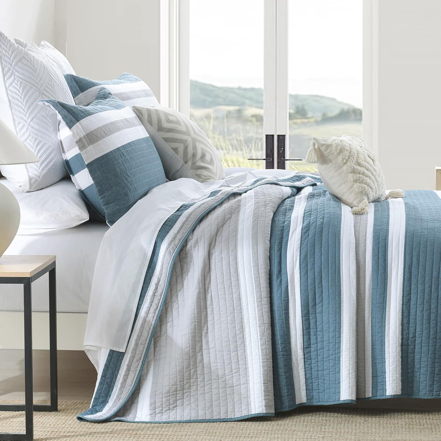 Finlonte Blue Quilt Set Queen 100 Cotton Quilts Queen Size Sets, Blue Striped Queen