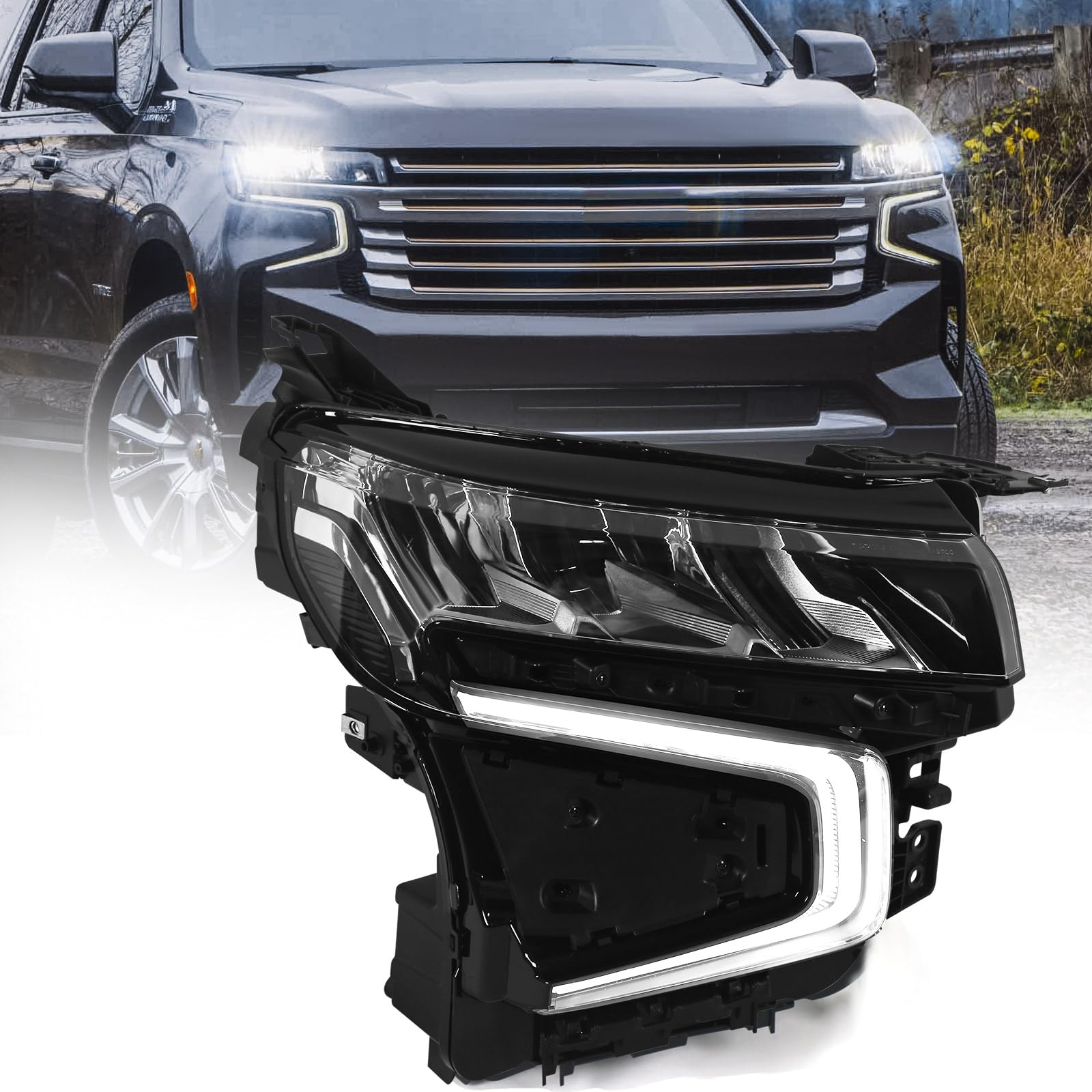 VLINCAR Full LED Headlight Compatible with Chevy Tahoe/Suburban 2021 2022 2023 with DRL/LED Running Light Factory Style Headlamp Assembly w/Bulbs