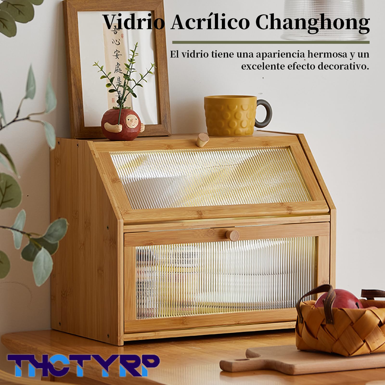 Caja para Pan en Bambú con 3 Divisiones, Diseño Escalera | Estante de almacenamiento para porcelana, especias y accesorios de cocina, a prueba de polvo, ahorro de espacio