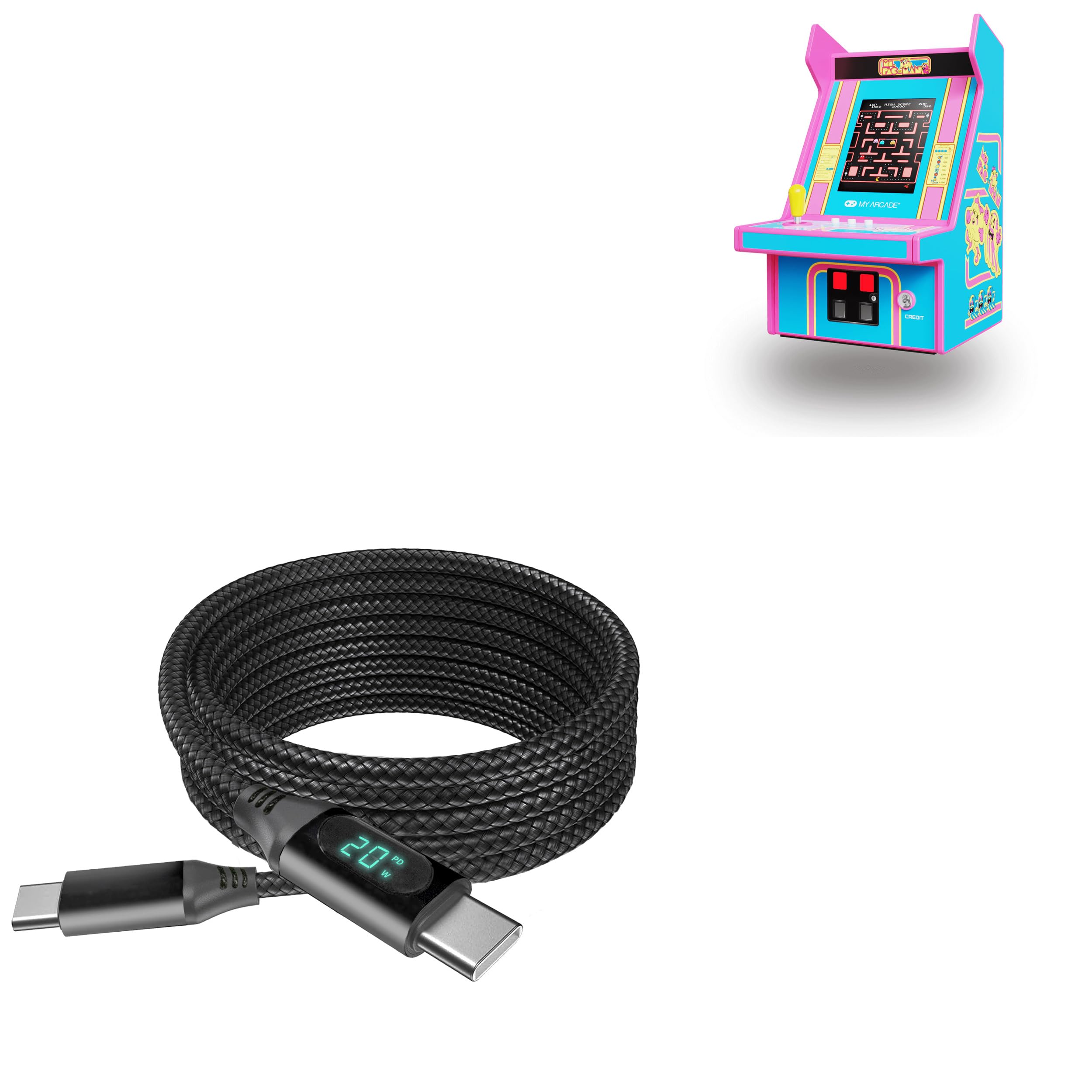 BoxWave Cable Compatible with My Arcade Ms. Pac-Man Micro Player Pro - PowerDisplay PD Cable (6ft) - USB-C to USB-C (100W), LED Wattage Info Extra Long Braided Nylon - Jet Black