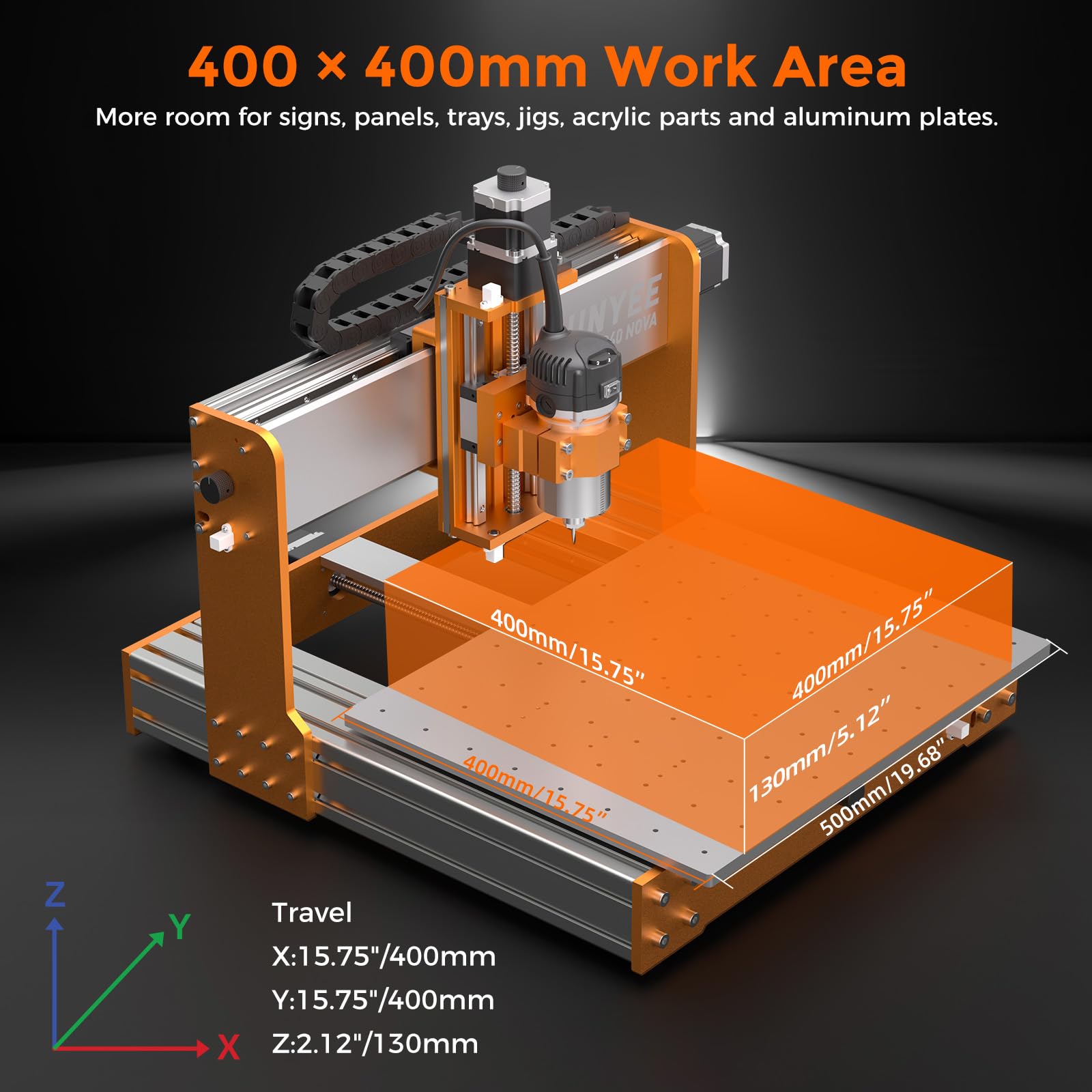 LUNYEE Máquina enrutadora CNC 4040 Nova, enrutador de 800 W con pinza ER11, rieles lineales HG15 y tornillos de bola en eje XYZ, área de trabajo de 400 x 400 mm, motores NEMA 23, CNC de escritorio