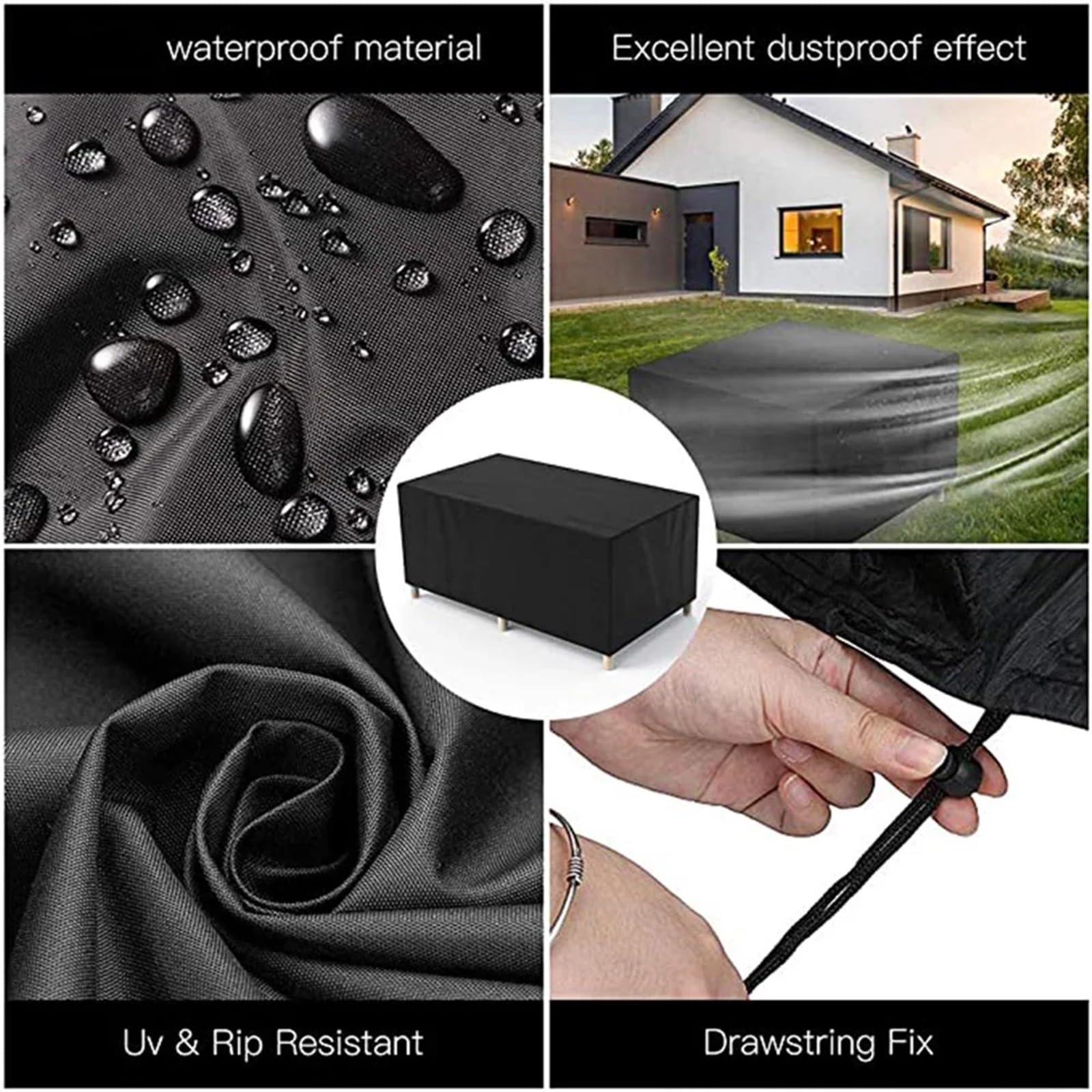 Coperture per mobili da esterno, Copertura for mobili da esterno antivento 210D rettangolare, argento nero, dimensioni multiple(Black,200x160x80cm)