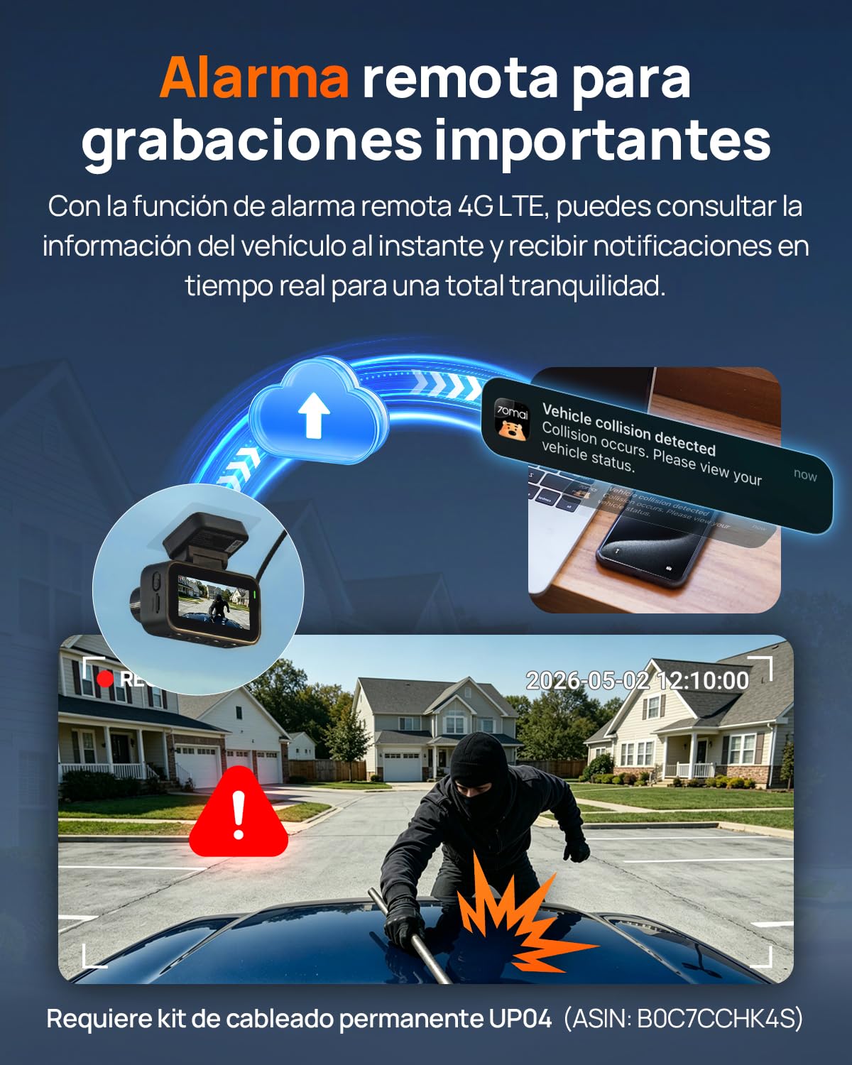 70mai A810 Lite Cámara de Salpicadero 4K Doble, WiFi 6 5GHz, 4G LTE Remoto, GPS, Visión Nocturna HDR, Vigilancia 24h Estacionamiento, Control por Voz, Bloqueo de Emergencia y Grabación Continua
