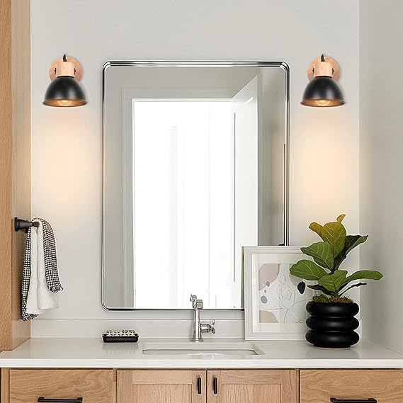iDEGU iDEGU Set van 2 wandlampen voor binnen, 15 cm, retro led-wandlamp, insustriële wandlamp van hout, ijzer, vintage, verstelbaar, kroonluchter, plafondlamp, E27, wandverlichting voor slaapkamer, photo 2