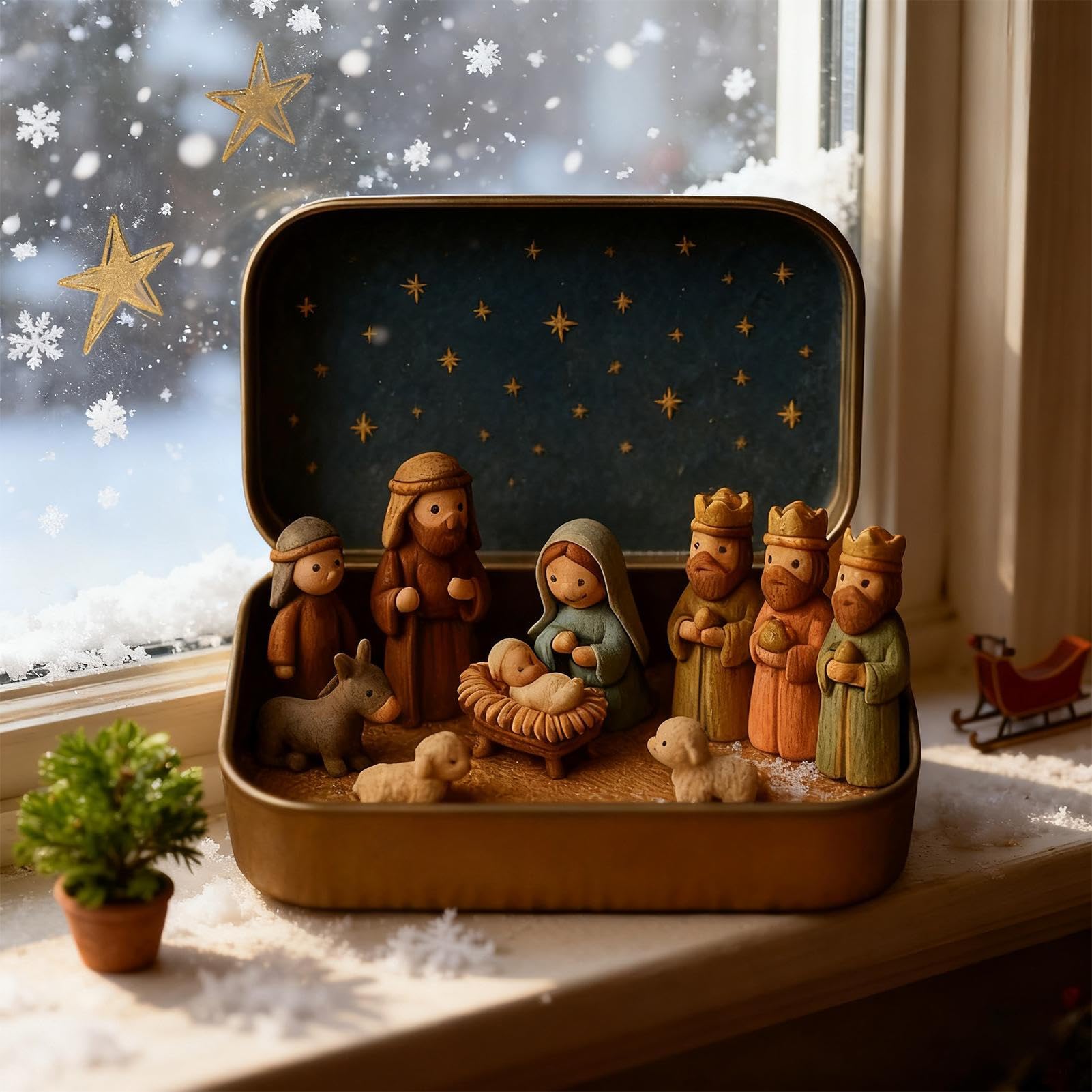Mini Christmas Nativity Set En Caja Metálica, Navidad Belén Conjunto, Portátil De Bolsillo Cristiano Belén Figuras Conjuntos Decoración, Hecho A Mano Religioso Sagrada Familia Figuras Jesús Ornamento