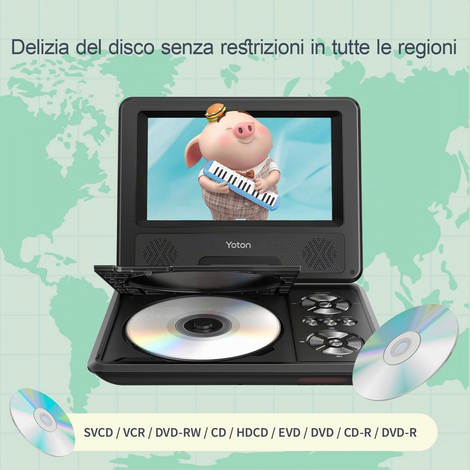 Yoton Lettore DVD Portatile 9,5" HD Schermo Girevole 7,5" Batteria 6 Ore Senza Regione Altoparlanti Potenziati Multiformato Dischi SD USB Sync TV Proiettore