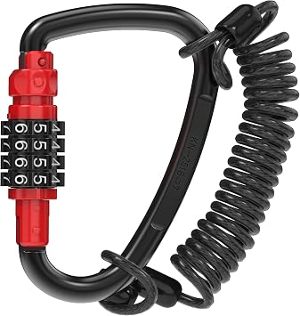 Combination Lock Outdoor Heavy Duty Carabiner, Large Carabiner Locking Clip D Ring Hook with Retractable Cable, Travel Lock for Motorcycle Helmet, Bike, Scooter, Backpack, Bag Anti Theft