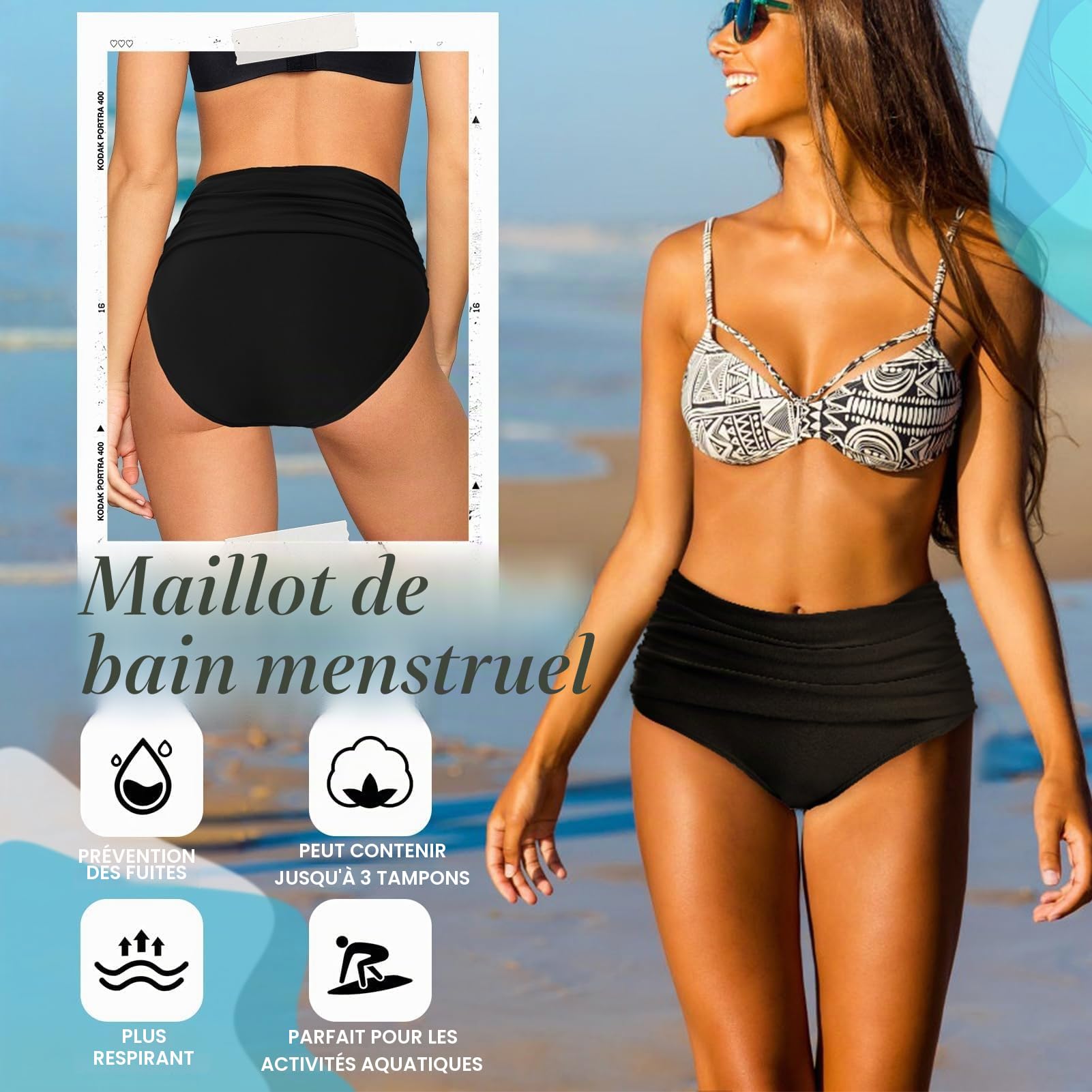 Maillot de bain menstruel pour adolescentes et femmes, short taille haute pour femme, pantalon menstruel étanche pour la natation, la plage