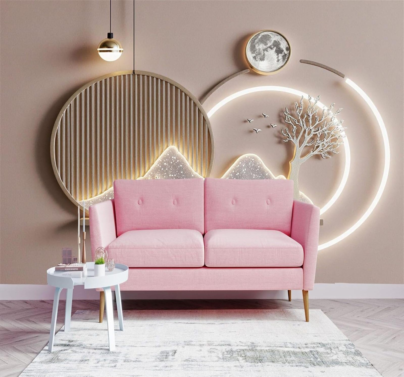Xlming 400Cm×280Cm(B×H) Minimalist Golden Deer Trees Mountains Moonlight 3D Wallpaper Premium Textured Silk Study Dining Living Room Bedroom Sofa Tv Wall Easy Install-400Cm×280Cm