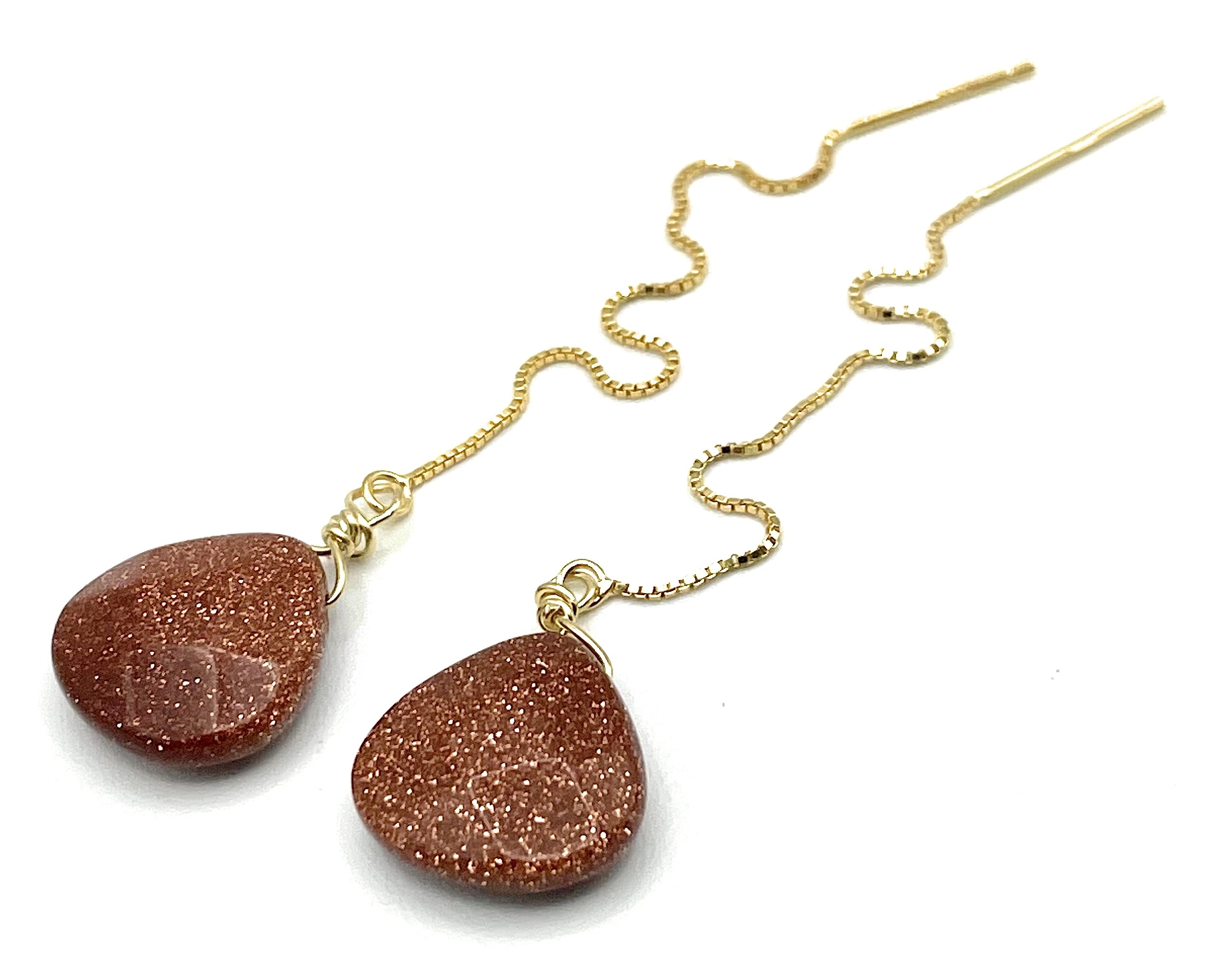 Pendientes Largos de Plata 925 Dorada 24 K y Goldstone, Joyas Minimalistas, Estilo Contemporaneo. Regalo para Mujer