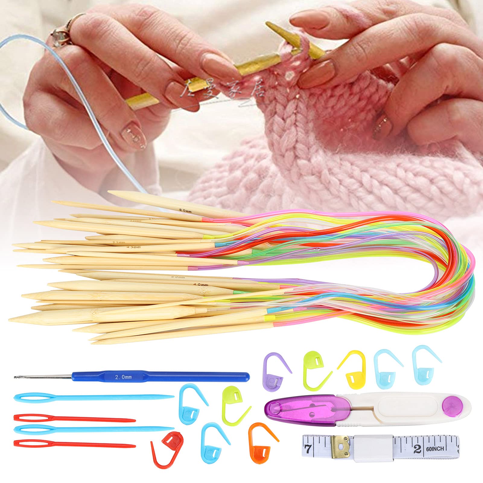 Ejoyous Set di Ferri da Maglia Circolari in bambù da 18 Pezzi, Aghi a Doppia Punta Durevoli, Perfetti per Progetti di Maglieria di Qualsiasi età (Borsa accessori da 60 cm+)