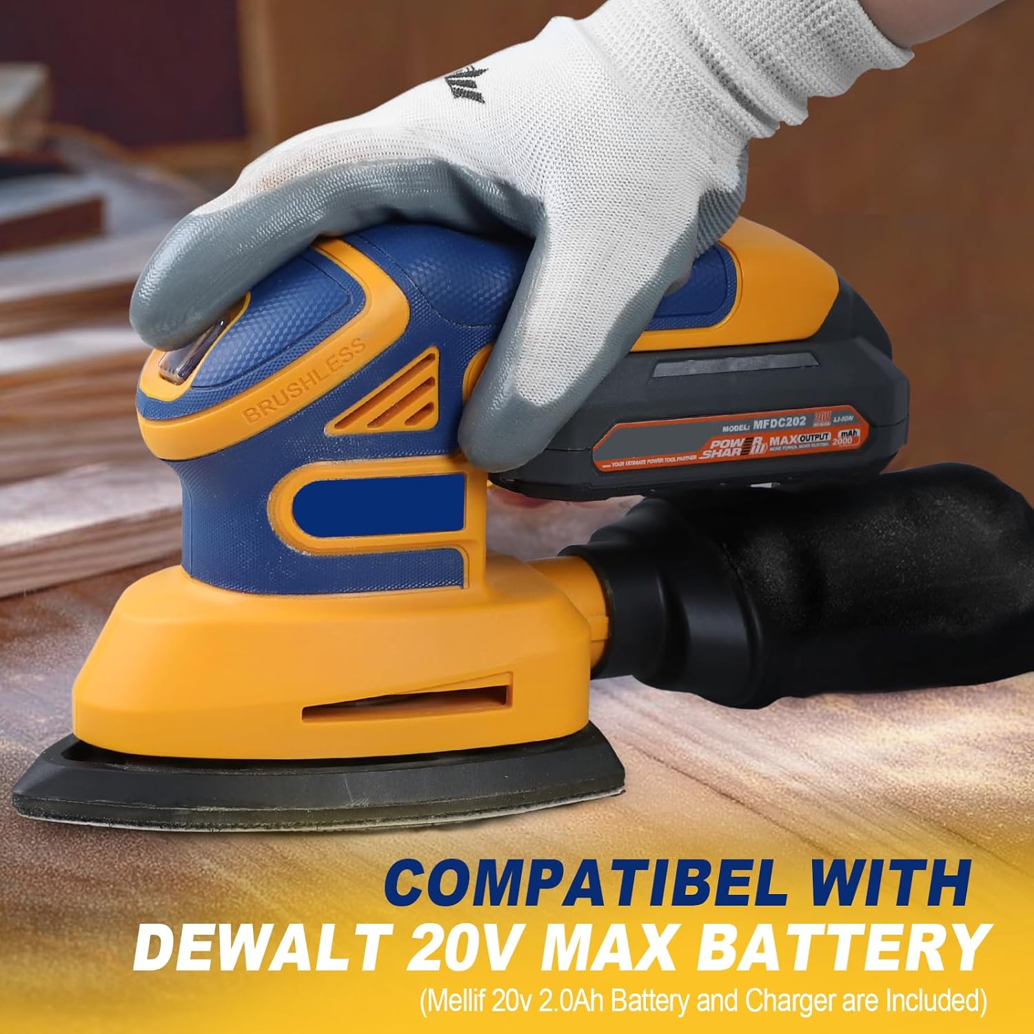 Cordless Detail Sander Compatible with Dewalt 20v Max Battery, 1.9Amp, Dust Collector, Brushless 12,000 OPM Speed, Compact Soft Palm Grip, 10pcs Sanding Pads, 2.0Ah Charger & Battery Kit - Image 2