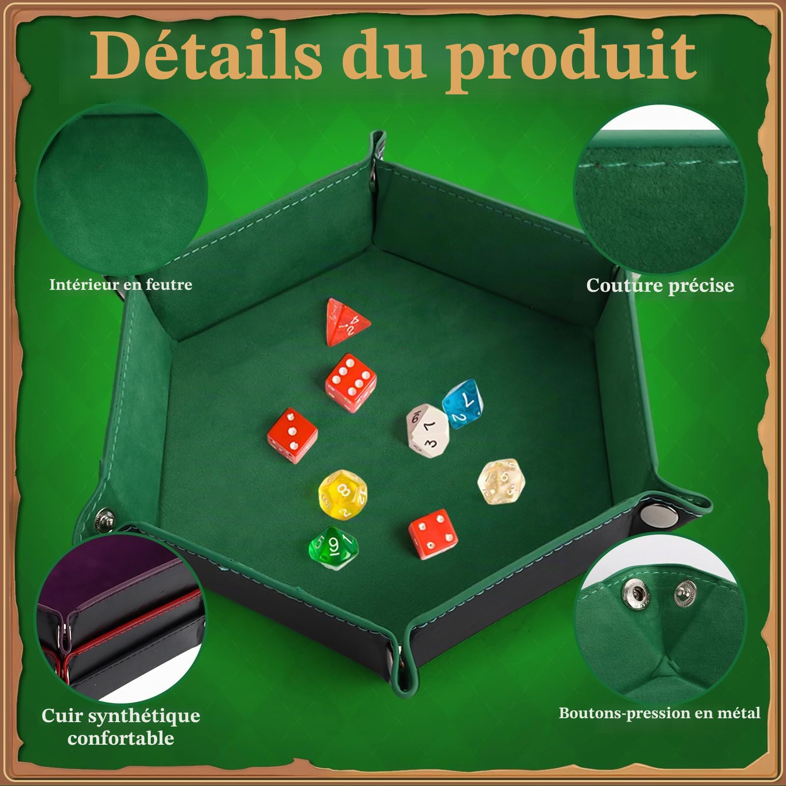 Lot de 6 Plateaux à Dés Double Face Hexagonaux, 6 Couleurs, Pliable, En Cuir, Pour Donjons, Jeux de Dés et Autres Jeux de Table
