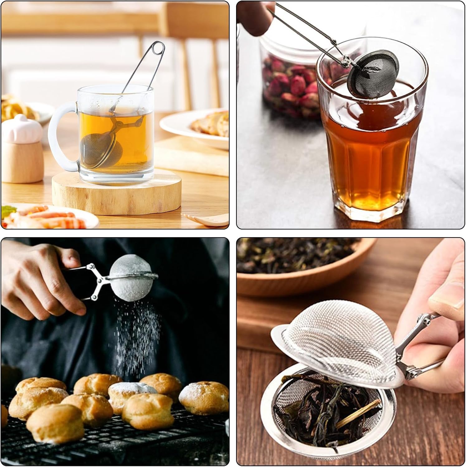 Teesieb mit Schnappkugeln, 20 Stück, hochwertiges Edelstahl-Tee-Ei mit Griff, Tee-Ei mit Zange, Steiler, wiederverwendbar, für losen Tee, Gewürze, Gewürze