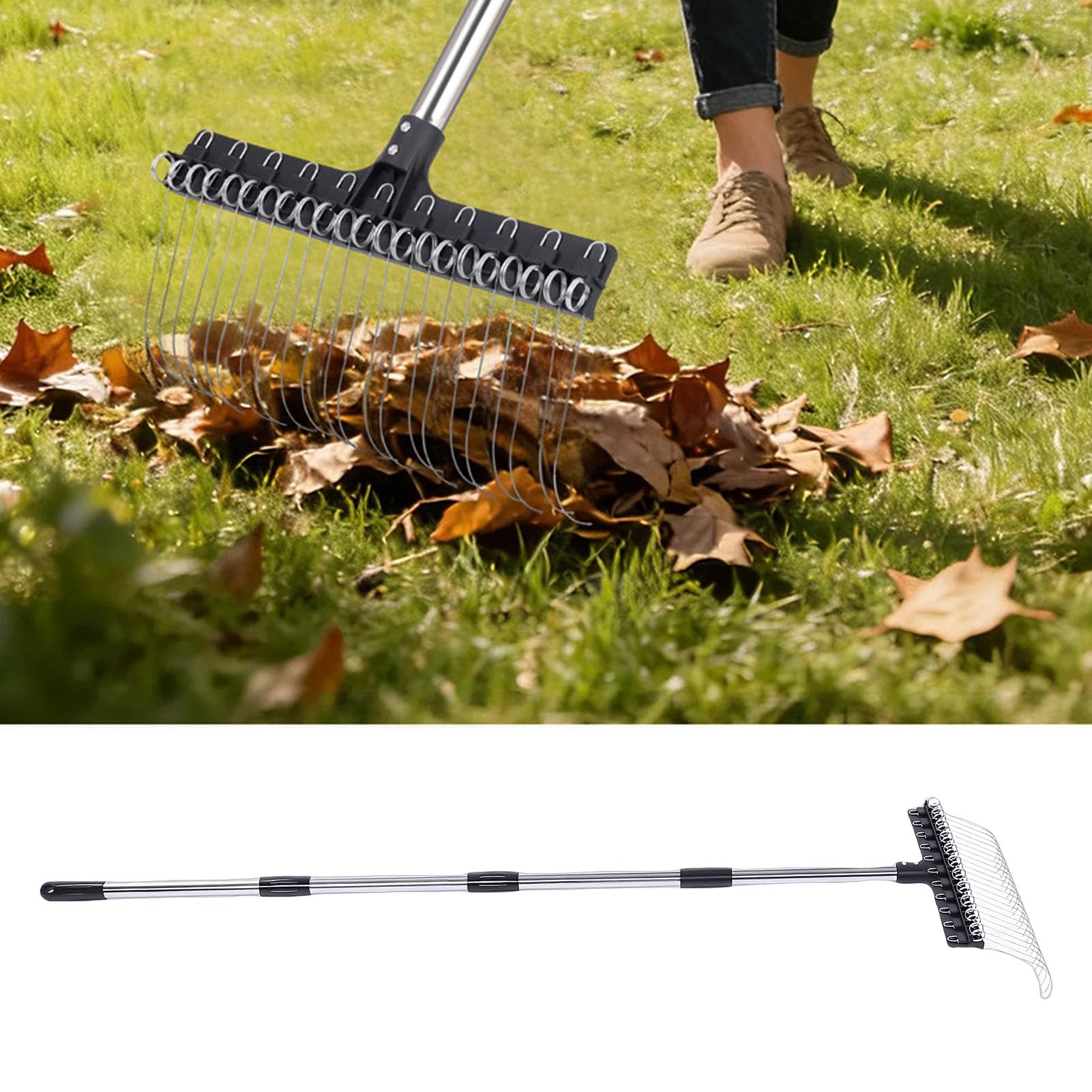 Rastrillo de Jardín, Rastrillo de Alambre de Acero de 16,3 Pulgadas de Ancho con Soporte de Resorte en ángulo para Rastrillar sin Esfuerzo, Cabeza de Plástico ABS y de Acero