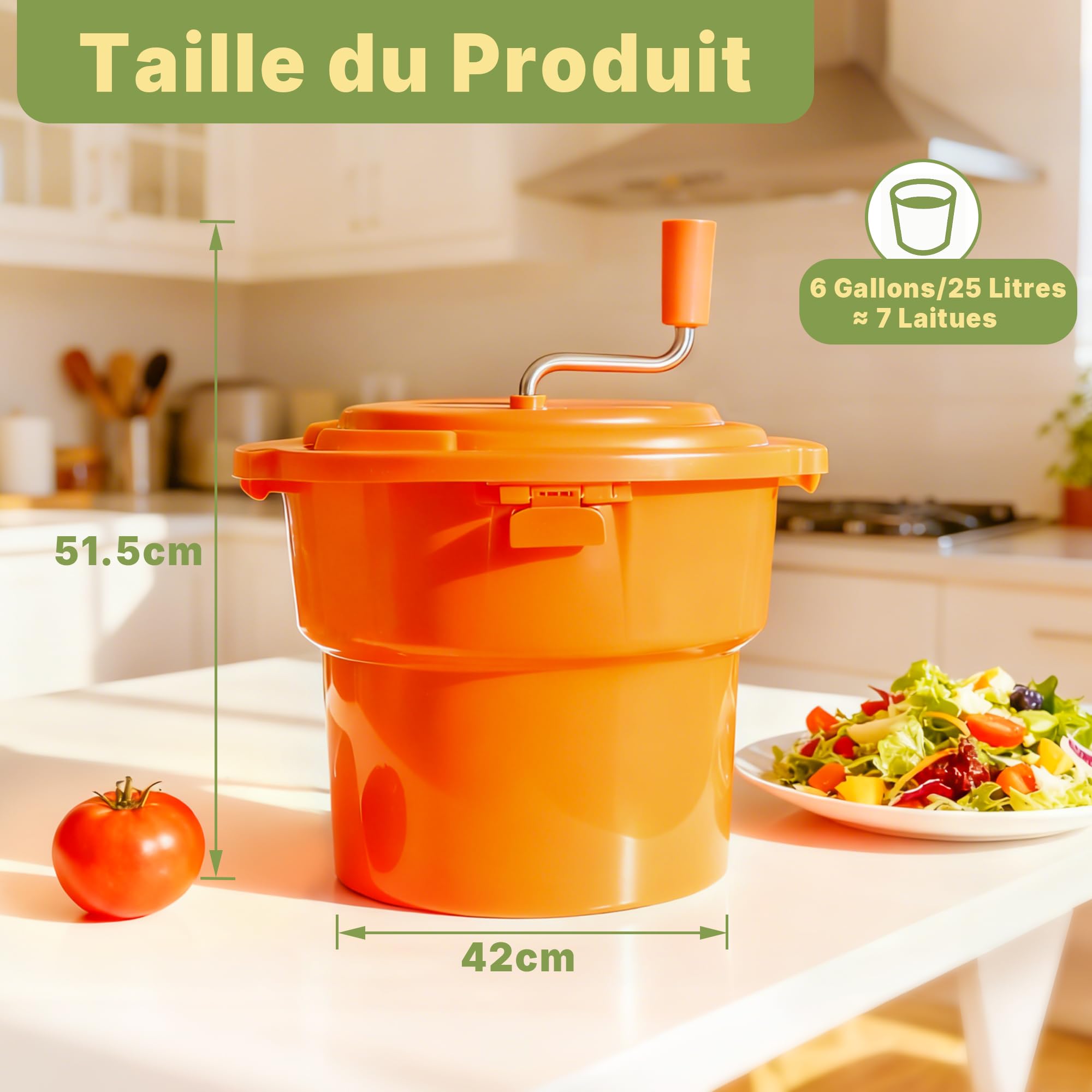 Hakka Essoreuse à Salade Professionnelle, Essoreuse Manuelle à Salade de 25 Litres, Essoreuse à Laitue Géante avec Tapis Antidérapant en Silicone et Tuyau D'évacuation, pour Essorer Jusqu'à 7 Laitues