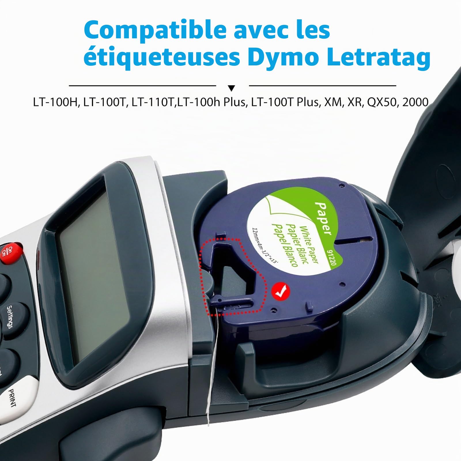 Ruban Compatible Dymo LetraTag 12mm x 4m Noir sur Blanc pour Étiqueteuse LT-100H LT-100T