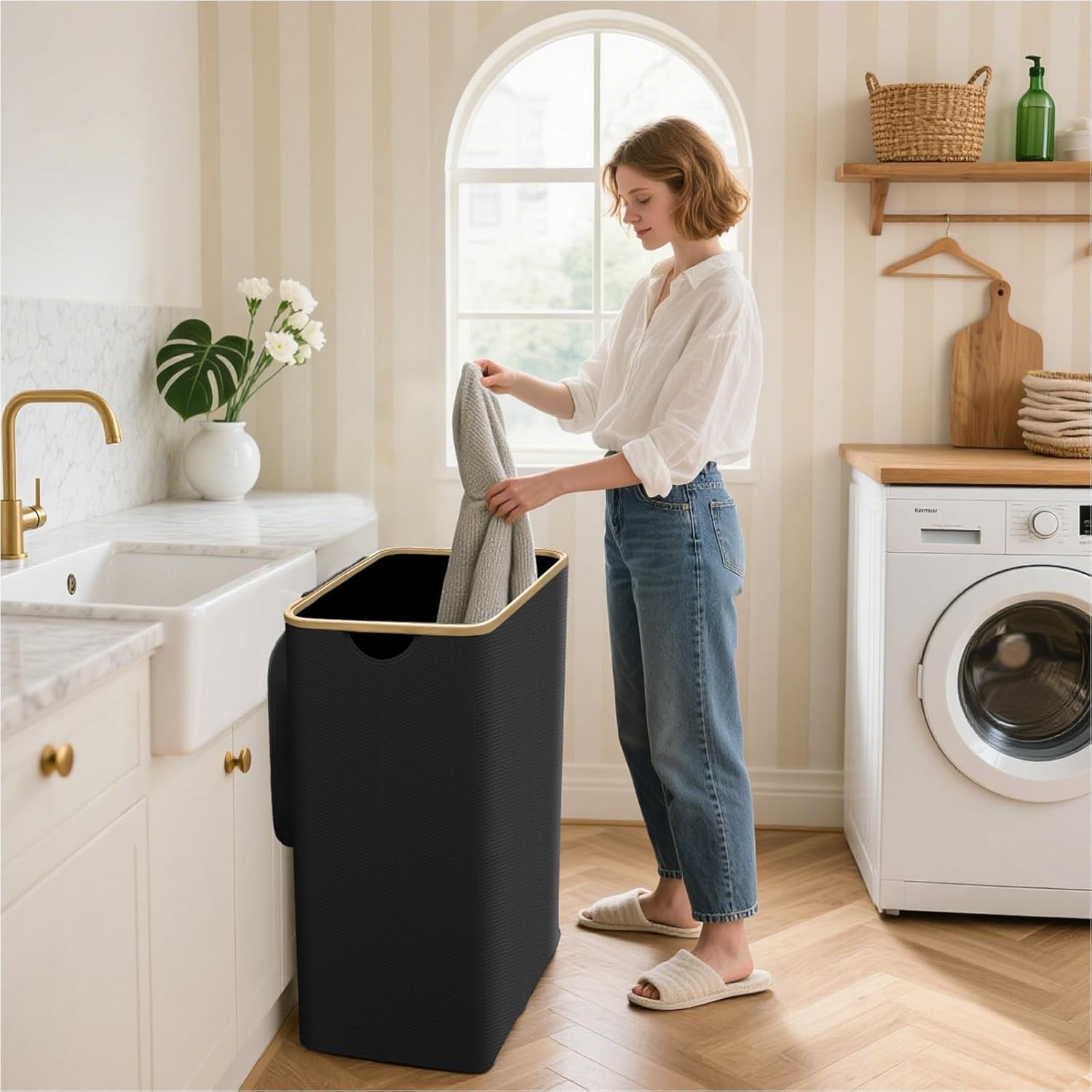 Cesto Portabiancheria 160L con 3 Scomparti e Coperchio, Pieghevole e Salvaspazio, Tessuto Oxford Impermeabile, Sacchetto Estraibile, Manici in Bambù per Lavanderia, Bagno, Camera