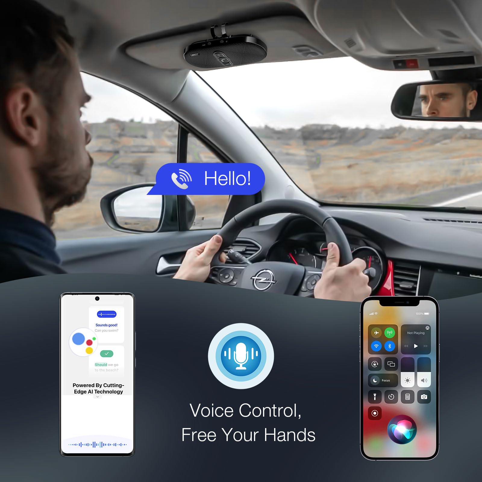 SUNITEC Vivavoce per auto Bluetooth 5.1 con clip Wireless vivavoce si collega a Siri & Google Assistant Supporto Auto ON Off Altoparlante forte 6W per GPS Musica Telefono
