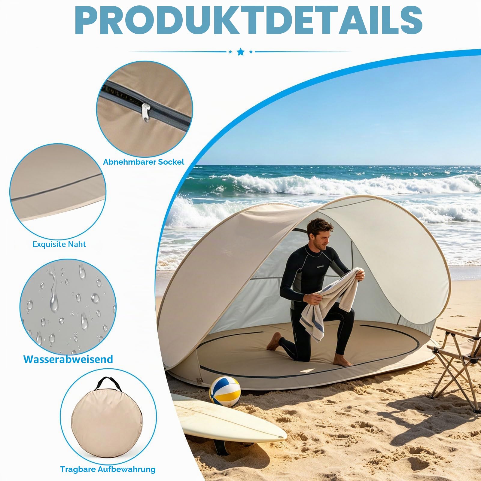Strandmuschel Baby UV Schutz 50, Strandmuschel Pop Up Strandzelt 1-3 Personen, Tragbarer Windschutz Strand Zelt mit Tragetasche & Bodenheringe, Automatisches Wurfzelt für Familie Camping Garten
