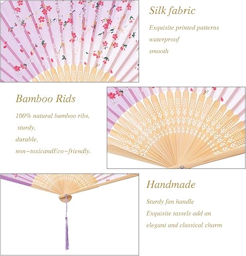 Miniatura 3 de QIRMIZI 10 ventiladores de mano, abanicos plegables de seda, abanicos plegables florales para cumpleaños, baile, cosplay, bodas, fiestas y eventos,