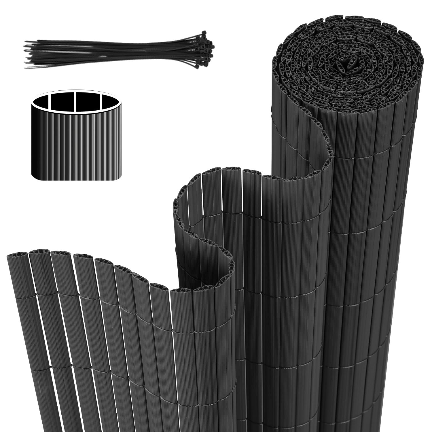 PVC Sichtschutzmatte, 90x500cm, Sichtschutzzaun Dreifache Verstärkung, Balkon Sichtschutz mit Kabelbindern, Windschutz Wetterfest, UV-beständig, ohne Bohren für Balkon Garten, Anthrazit
